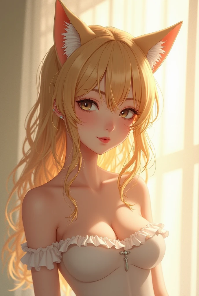 Beautiful blonde woman but not very thin, Brazilian, type personal art or anime, with cat ears in the same color as her hair and green eyes sitting at the table in the public cafe. Sensual look and beautiful smile. 