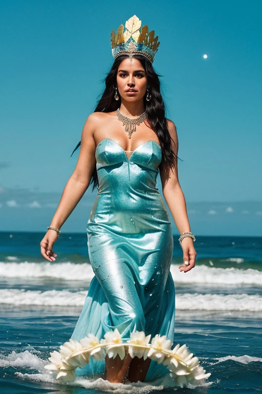 (Masterpiece: 1.1), Beach scene, crystal clear water, sunny day, beautiful mermaid, detailed scales, long flowing hair, (seaweed: 0.8), (pearls: 1.3), curvaceous body, slender tail, (glittering fins: 1.2), relaxed pose, (perfect smiles: 0.5), sandy beach, gently waving sea oats, seagulls flying overhead, (golden sunlight: 0.9), (best quality, ultra-high definition, photorealistic: 1.4), deep blue ocean, (sunset: 0.6), (vibrant colors