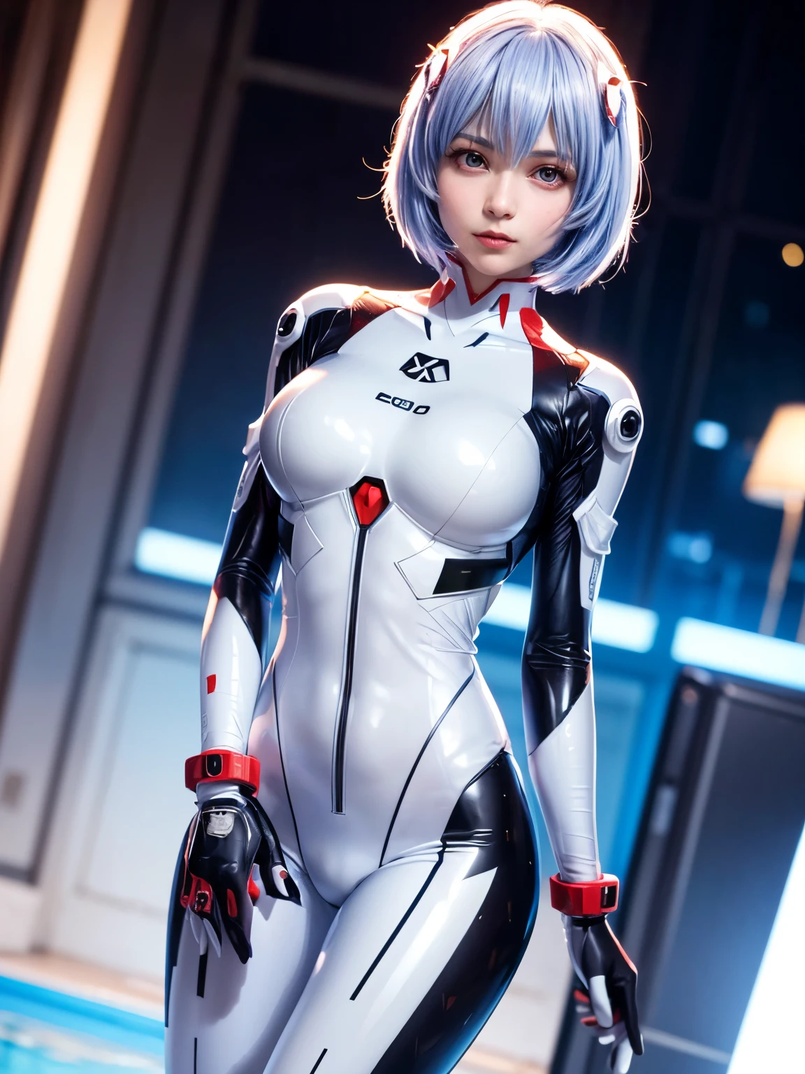 Evangelion,Rei Ayanami,Silver Blue Hair,Red eyes,Red Eyes,Plug Suit,Bodysuits,Interface Headset,白いBodysuits,Ultra HD,super high quality,masterpiece,Digital SLR,Photorealistic,Detailed details,Vivid details,Depicted in detail,A detailed face,Detailed details,Super Detail,Realistic skin texture,Anatomical basis,Perfect Anatomy,Anatomically correct hand,Anatomically correct fingers,Complex 3D rendering,Sexy pose,Rainy Sky,Beautiful scenery,Fantastic rainy sky,Picturesque,Pink Lips,smile,