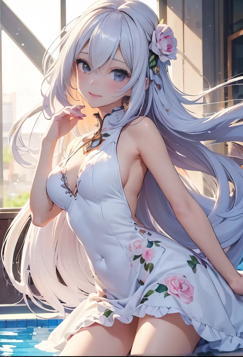 ((Best quality at best, 8k, tmasterpiece: 1.3)), 1个Giant Breast Girl, Slim and beautiful: 1.3, (long white hair: 1.2), Floral dress, legs long: 1.1, The face is super delicate, Fine Eye, double eyelids, pool