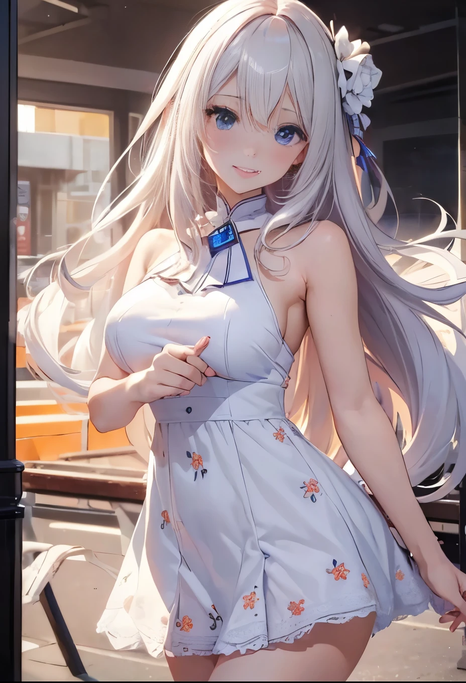((Best quality at best, 8k, tmasterpiece: 1.3)), 1个Giant Breast Girl, Slim and beautiful: 1.3, (long white hair: 1.2), Floral dress, legs long: 1.1, The face is super delicate, Fine Eye, double eyelids, pool