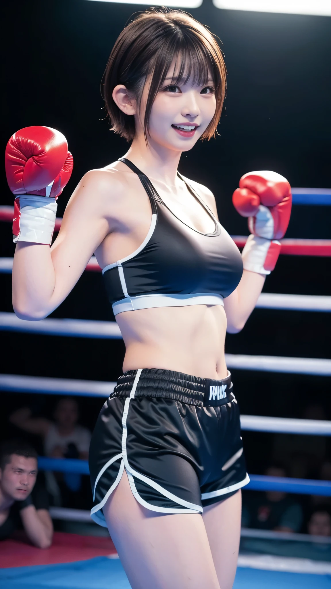 best quality ,masterpiece,Ultra high resolution, high definition RAW color photo , professional photography, natural skin texture , fine skin, hyperrealism, smiles,gigantic breasts,dark blonde short bob hair,(shiny boxer uniform, sports bra, shorts),( boxing match, lots of spectators ), Shrimp,(fighting stance,punching, straight punch),from side