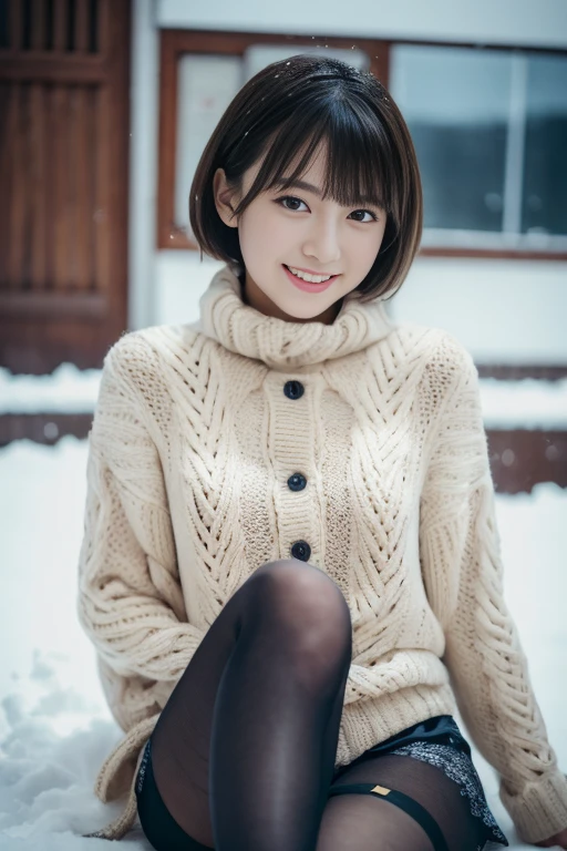(a closeup:1.4)、(RAW Photography:1.2)、(Photorealsitic:1.4)、(masterpiece:1.3)、(top-quality:1.4)、dream-like、(A detailed eye)、(detailed facial features)、(detailed clothes features)、Clear skin、(shinny skin)、(Slender and beautiful girl)、(Beautiful leg lines)、one girls、(FULL BODYSHOT)、独奏、cute little、Happy smiling face、(huge-breasted)、bangss、Short Bob、A dark-haired、Black eye、Long Scarf、White wool sweater、a miniskirt、Black thick pantyhose、Snow boots、obscenity、erotick、