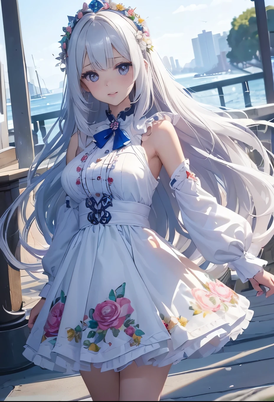 ((Best quality at best, 8k, tmasterpiece: 1.3)), 1个Giant Breast Girl, Slim and beautiful: 1.3, (long white hair: 1.2), Floral dress, legs long: 1.1, The face is super delicate, Fine Eye, double eyelids, seaside.