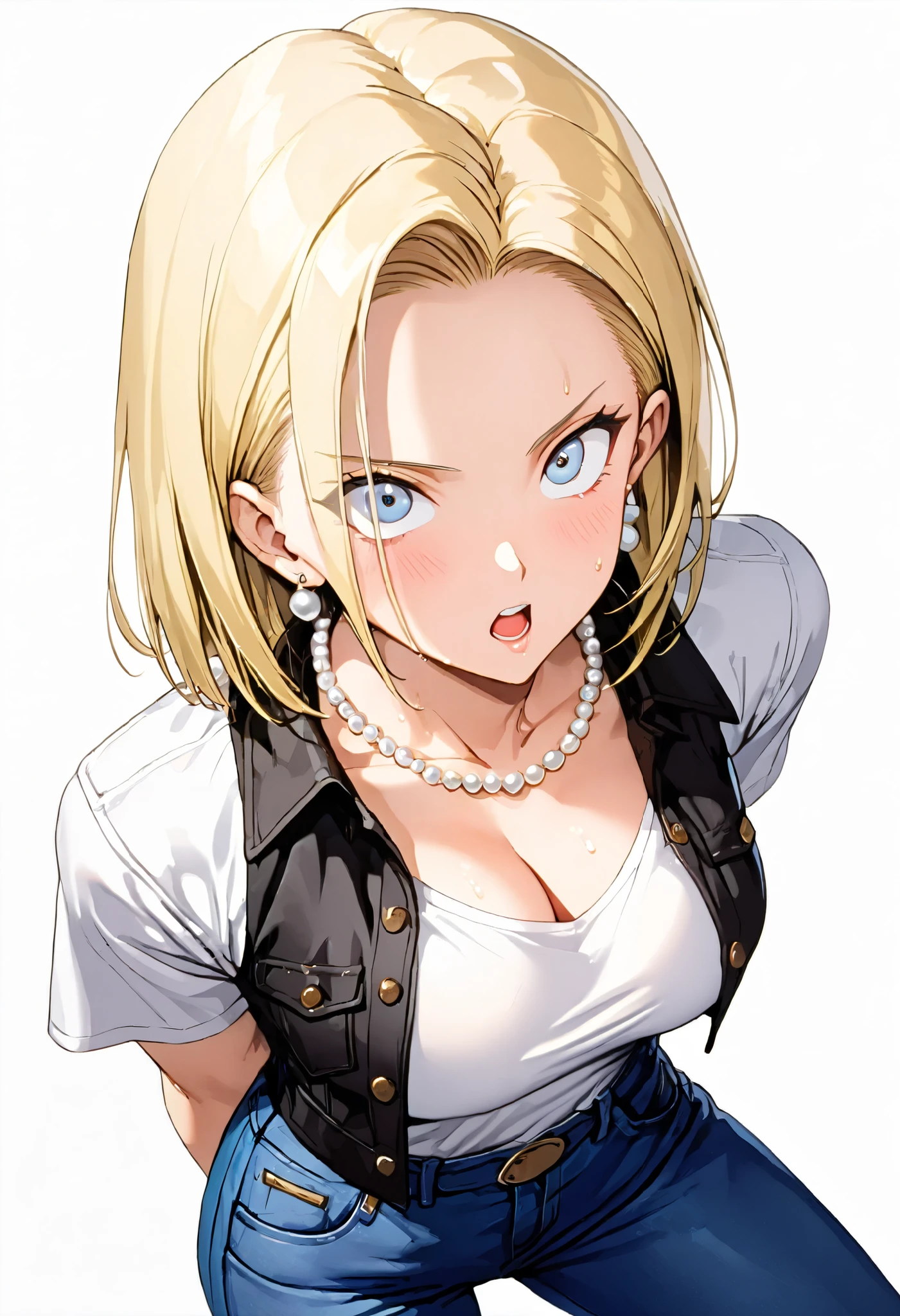 masterpiece, Best Quality, High resolution,16k,super detailed skin, (android 18),1990s \(style\),(E-cup beautiful breasts), (clevage:1.3),(tall:1.2),height: 170cm,Fashion model body type,Sweating all over the body,{{muscular}}、1 girl,solo、(nsfw), blonde, blue eyes, (black vest,White T-shirt,jeans,:1.5),Pearl_necklace, bracelet,{{ Short slicked back hair}},Earrings,(Cool face)、(Pointed Eyes),Big eyes,blush,cleavage,Anime-style painting style,,A composition that shows the upper body,Captivating look,BREAK(white simple background:1.5),cinematic lighting,superfine,dynamic angle,(sexy,ahegao,vulgarity:1.2)