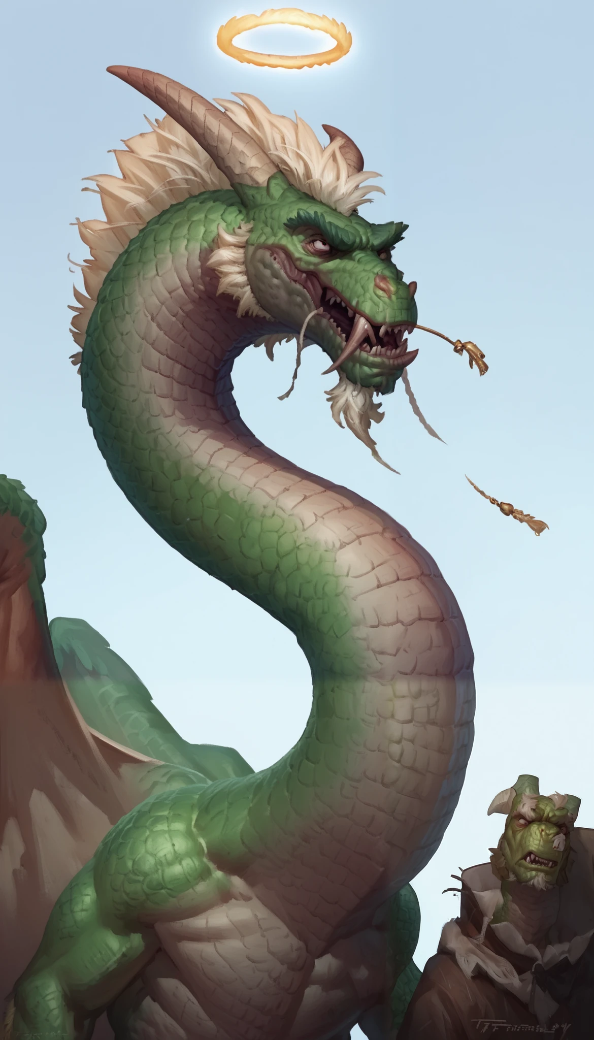 ((The Fallen, Angel by Alexandre Cabane)), Dragonborn, male, solo, scalie, green scales, dark green, angry, furious, bitter, spiteful, skinny, old, elderly, mature, Kubrick stare, obscured face, white goatee, white Mohawk, frilled ears, long neck, long snout, cut off horns, by Taran Fiddler