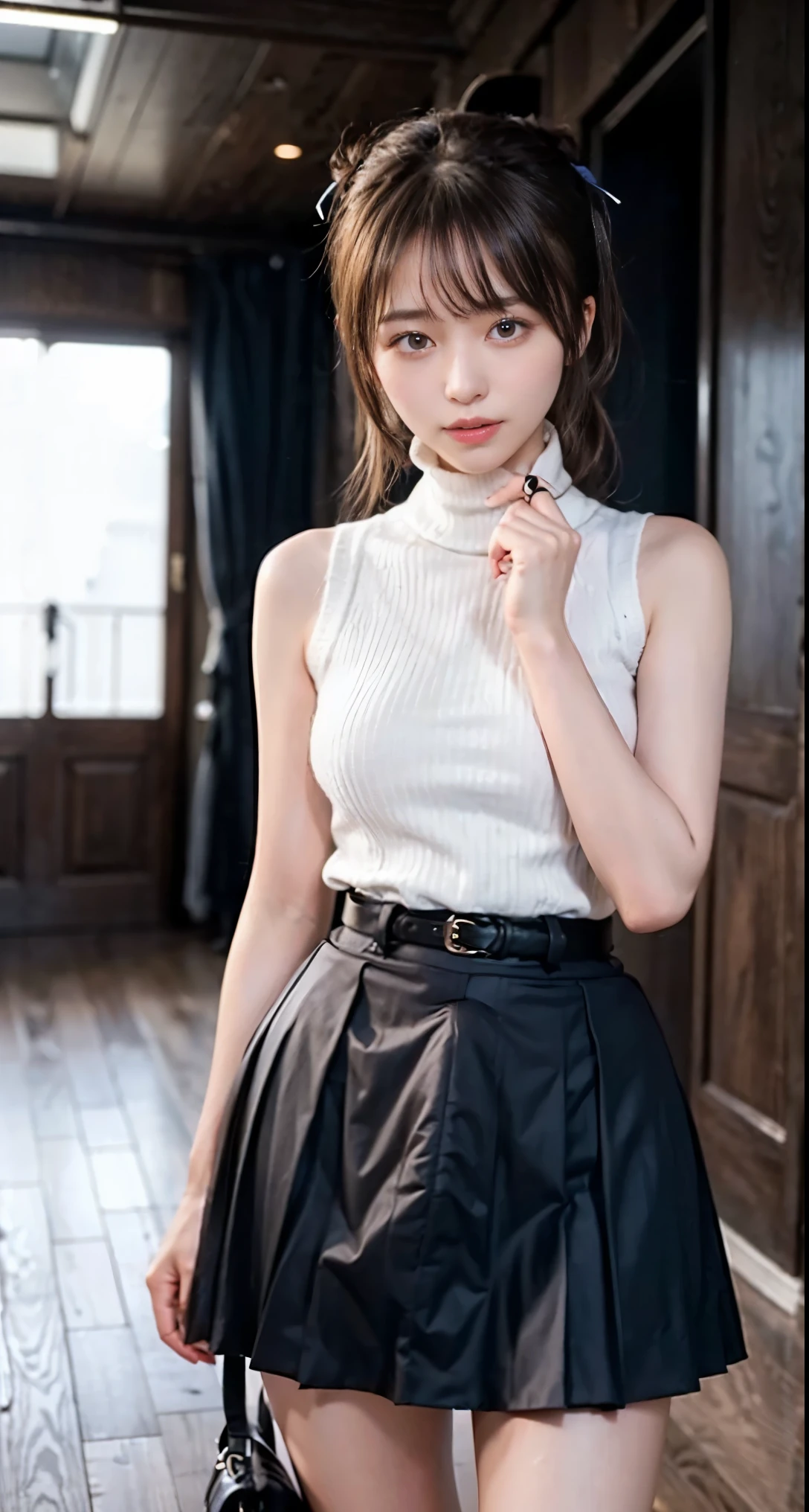 highest quality, figure, Super detailed, In detail, High resolution, 8k wallpaper, Perfect dynamic composition,、A woman who was and held captive、Sitting on the floor in a room with thin rope binding his arms and chest、((Hands behind back))、Wearing a short-sleeved blouse、Wearing a pleated skirt、Uniform eyeedium build、Well-proportioned、Small face、Small breasts、Back view、Show your whole body、The audience watches from directly behind、 UHD, best quality, highres, 8k, textured skin
