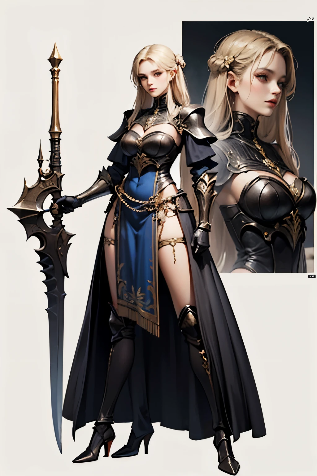 full-body fantasy themed artwork, woman, excellently designed unique weapon and armored outfit