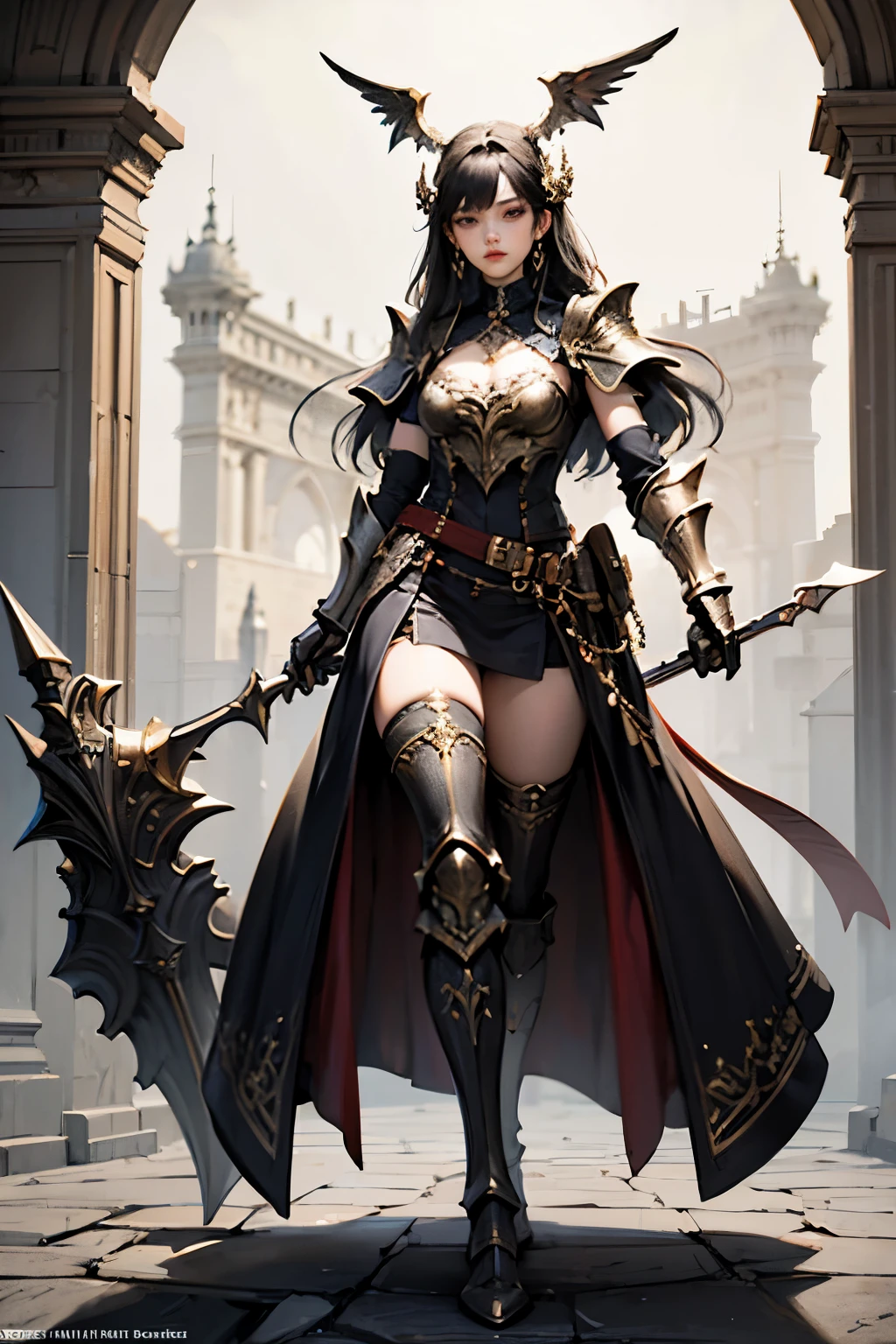 full-body fantasy themed artwork, woman, excellently designed unique weapon and armored outfit