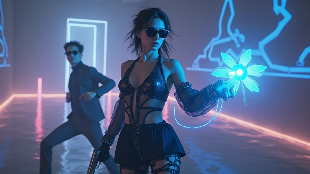 (((a medium-breast bikini slim GIRL with black micro sunglasses))), (((aiming at viewer with a pistol))), a balcony of a futuristic building, aerial view of an ultra-futuristic megalopolis, many metal buildings and houses in dark colors from dark blue to black, a cidade tem tons de cinza metal, has smoky metal structures , industrial environment with smoke and fog around, carros escuros nas ruas, desert megalopolis, trilhos e trens modernos de de metal passando estre as ruas da cidade, tall futuristic metal buildings, many ultra modern buildings around, realistic, detailed, sci-fi.
