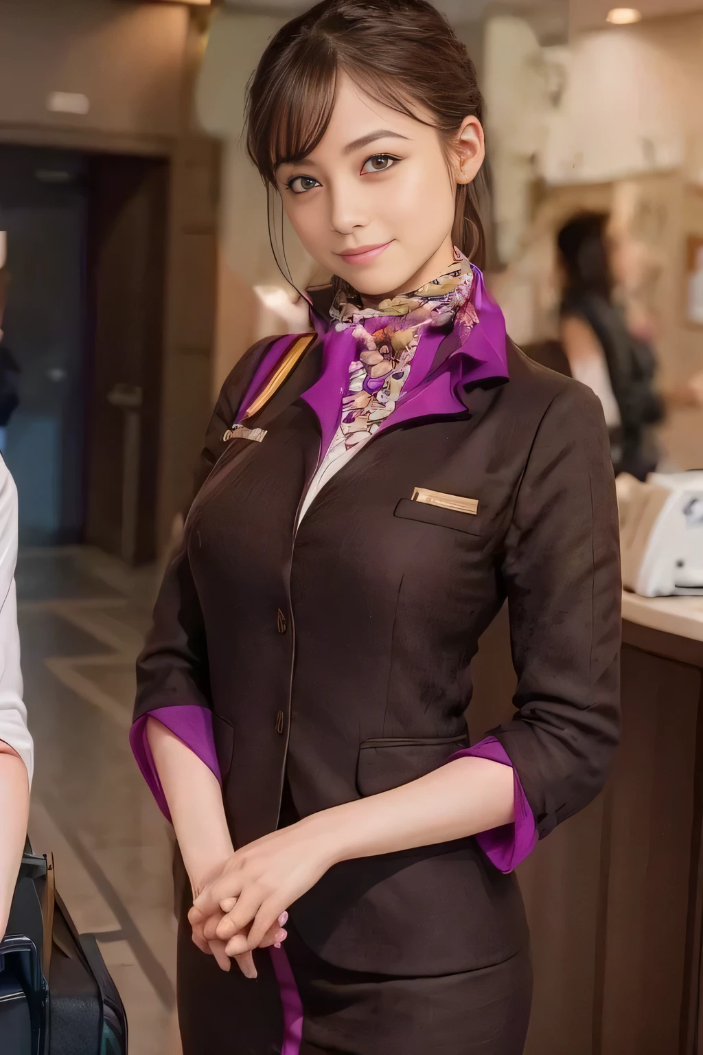 (Masterpiece:1.2、 best quality :1.2)、32kHDR、 high resolution、(alone、 1 Girl、 slim figure)、（Realistic reproduction of Etihad Airways flight attendant uniforms）、 (At the airport counter, Professional lighting )、A proper woman,  beautiful faces,、（Etihad Airways flight attendant uniformsの長袖）、（Etihad Airways flight attendant uniforms、Skirt with purple stripes on the front ）、（ scarf wrapped around neck ）、 big breast、（ long hair、 hair bang）、 dark brown hair 、Long Hit、（（ amazing hands：2.0））、（（harmonious body proportions：1.5））、（（Normal limbs：2.0））、（（Usually refers to：2.0））、（（ Delicate Eyes：2.0））、（（Normal eyes：2.0））)、 beautiful standing、smile