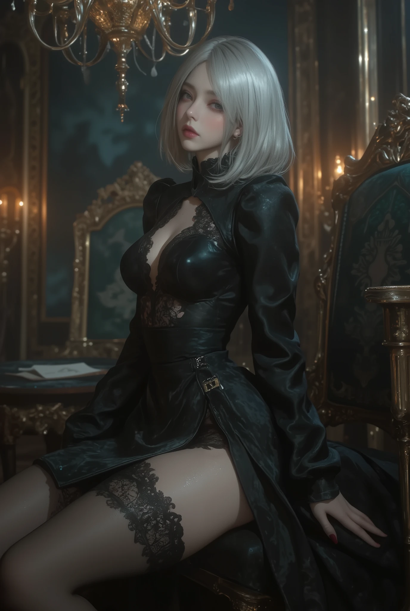 (front focus), ( in the dark : 1.6), Portrait of a surrealist woman by David Hockney and Alphonse Mucha, fantasy art, Photorealism , dynamic lighting , art station , Poster, Volumetric Lighting, very detailed face, 4k yen, pantyhose, shorts, 1 girl, in the dark , deep shadow, discreet , , (gothic style black long dress: 1.4), long hair, gray hair,A Day with My Gothic Girlfriend in a haunted mansion, 豪華なtea party with her, sitting on lavishly decorated chair , ( dark room:1.5), Creepy, candlelight , large chandelier with dim light