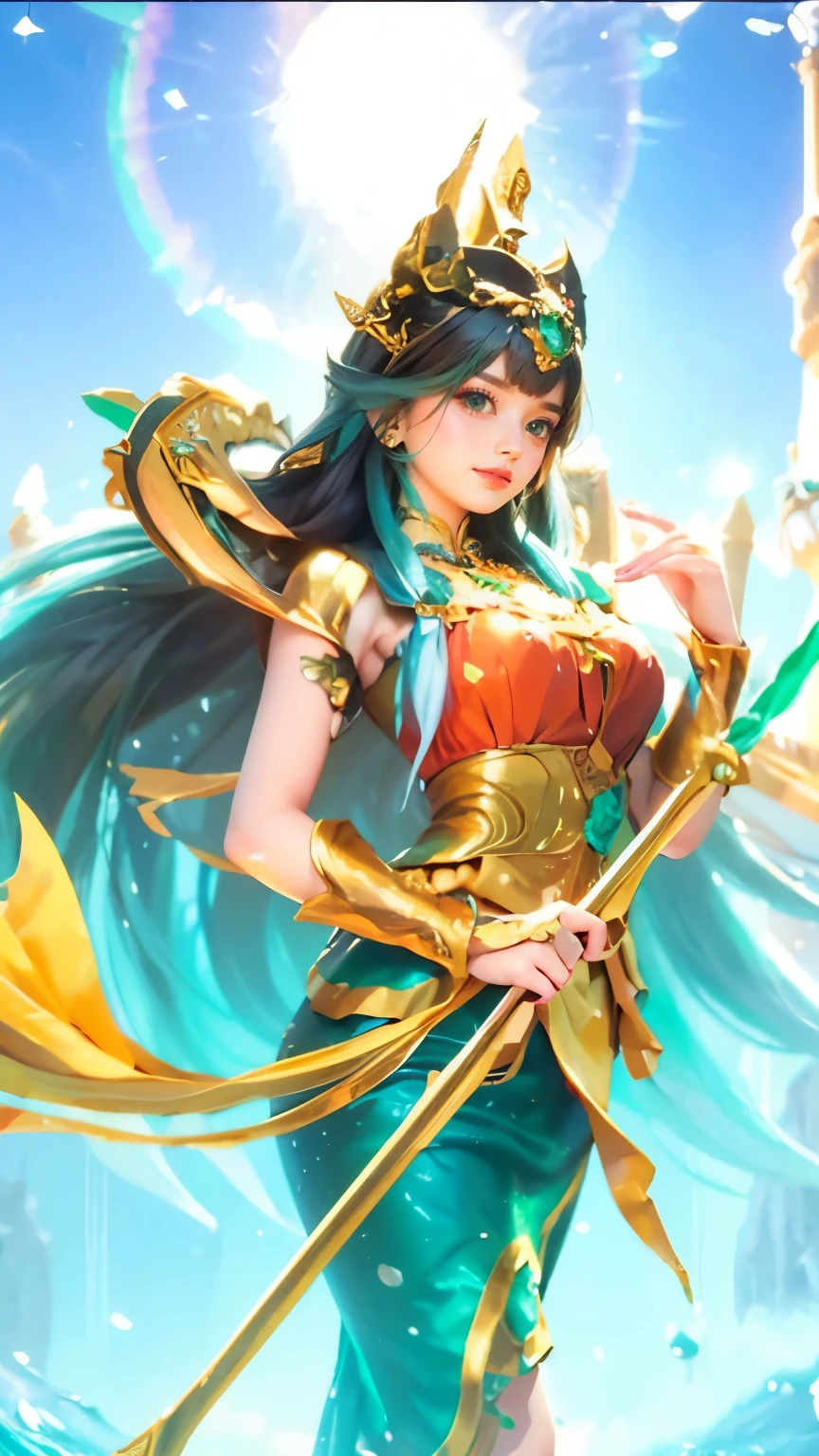 A young girl with long, dark hair, wearing an elegant witch dress in green ocean with orange and gold accents, adorned with lace and ribbons. She holds a magical stuff with gold accents. Her large green eyes are full of energy and cheerfulness. She wears high dres with long, with energy from ocean. She is queen of ocean