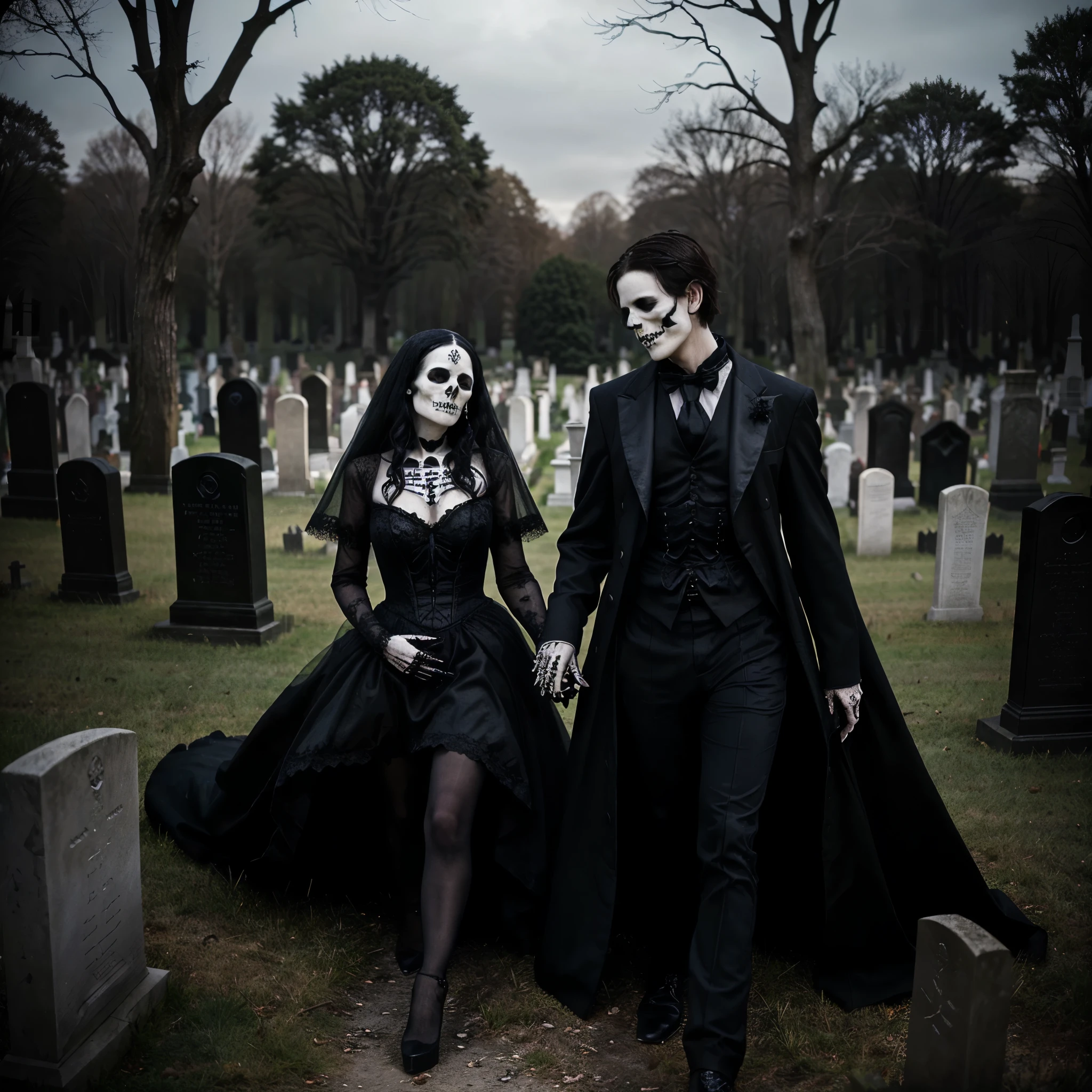 death takes his bride by the hands and leads her into the dark abyss, pin up style with tattoos, she is wearing a beautiful gothic gown skulls and roses lead up their path, there is poetry in her despair, highly detailed rendered hd alcohol ink high quality glitch fractuals, poetry in their despair skeletons reach up, he kisses her lustfully