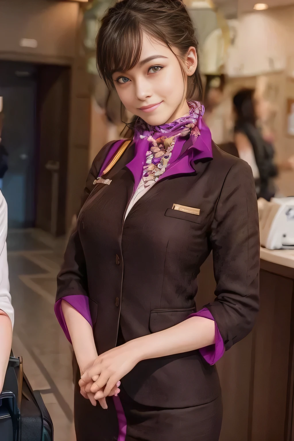 (Masterpiece:1.2、 best quality :1.2)、32kHDR、 high resolution、(alone、 1 Girl、 slim figure)、(Realistic reproduction of Etihad Airways flight attendant uniforms)、 (At the airport counter, Professional lighting )、A proper woman, beautiful faces,、(Etihad Airways flight attendant uniformsの長袖)、(Etihad Airways flight attendant uniforms、Skirt with purple stripes on the front )、( scarf wrapped around neck )、 big breast、( long hair、 hair bang)、 dark brown hair 、Long Hit、(( amazing hands:2.0))、((harmonious body proportions:1.5))、((Normal limbs:2.0))、((Usually refers to:2.0))、(( Delicate Eyes:2.0))、((Normal eyes:2.0)))、 beautiful standing、smile