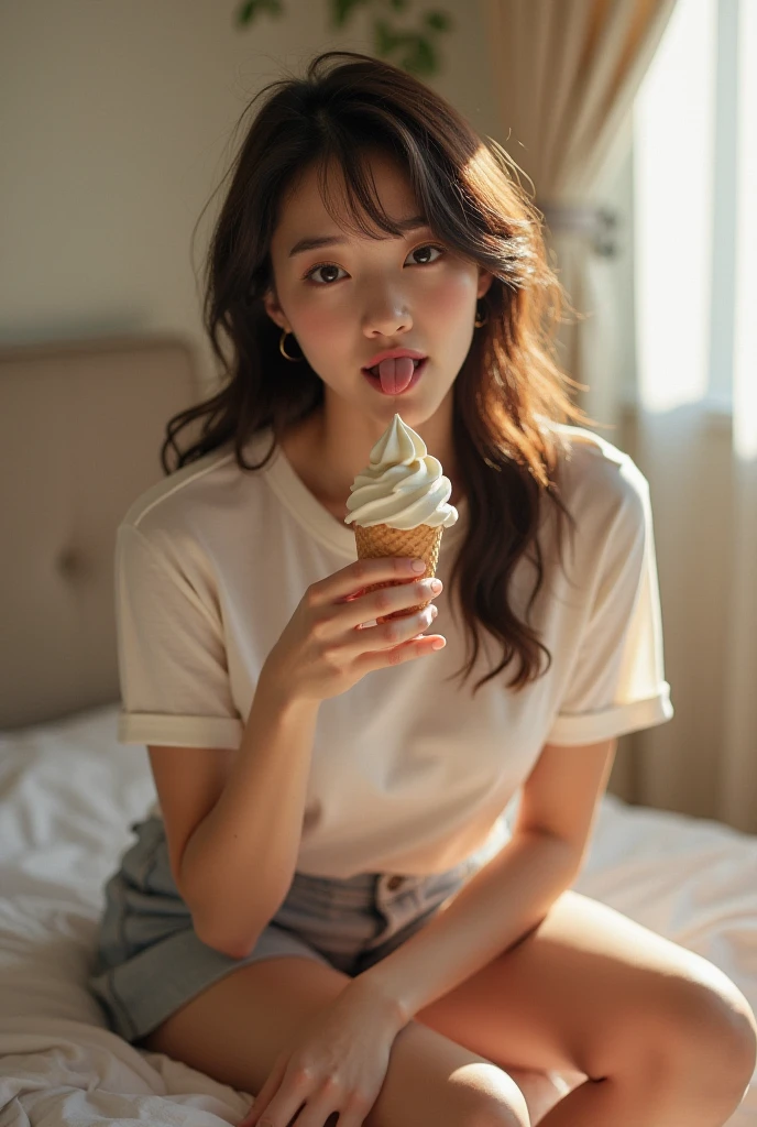 Beautiful, Masterpiece, ((Score 9), Score 8 Up, Score 7 Up), Score 6 Up, 1 Girl, 1 Girl, Gorgeous and Cute Girl, A brunette with long hair, a see-through blouse and panties leans against the kitchen counter, ice cream in her hands, a teasing smile, sunlight streaming in, bare feet, a relaxed, sensual attitude.