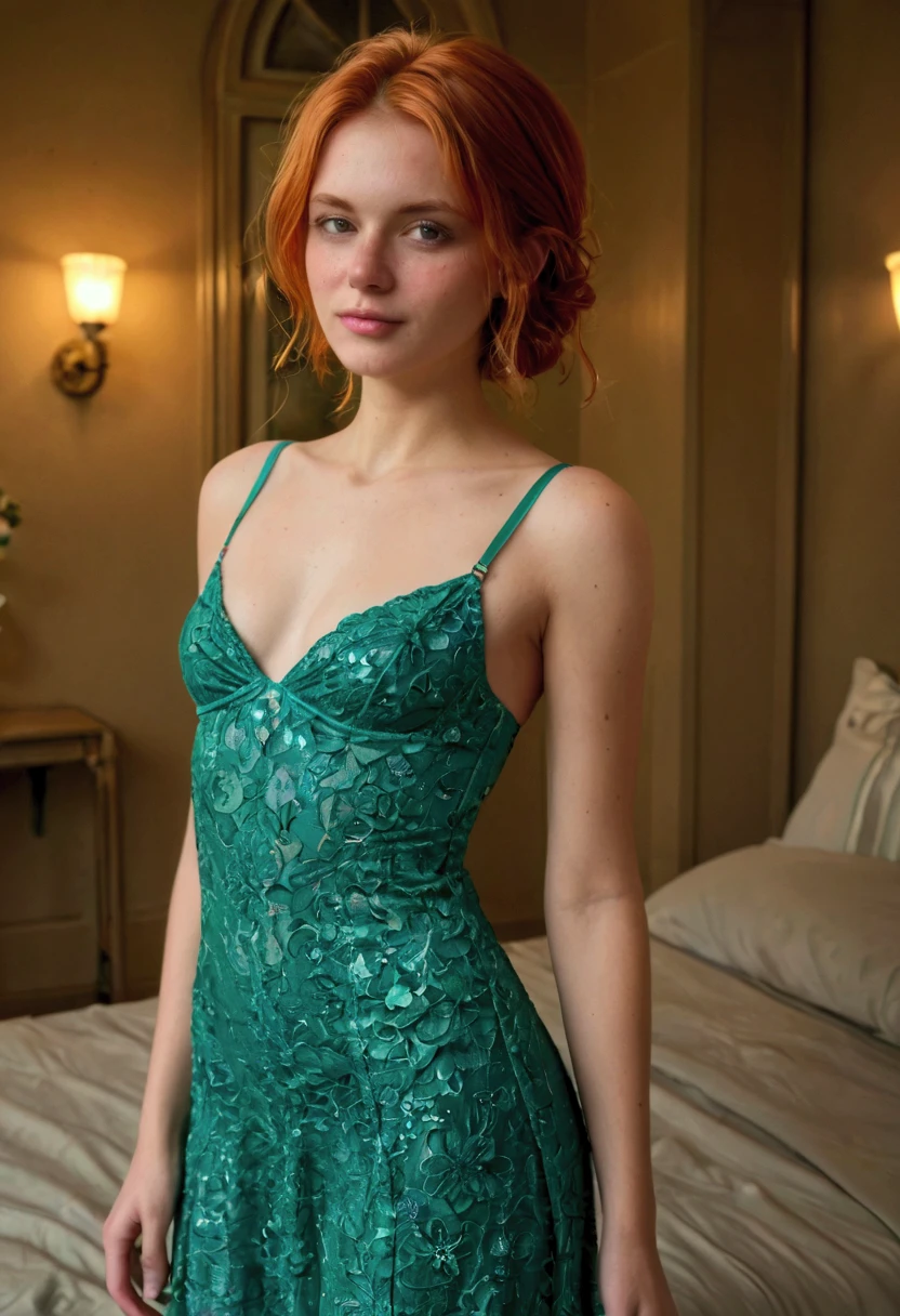 irish ginger 20 year old woman, red hair, ginger hair, redheaded woman, full body shot, standing on the Arizona desert during the night, sky full of stars, in lace green lingerie, long wavy redhair, toned, portrait sophie mudd, ballet style pose, athletic fashion photography, working out, full body shot, full body (picture taken from far) Regarder le spectateur (Tout de suite, messy, with hair tied back, evening lights, full body shot, posing under the stars on the Arizona desert, detailed environment, facing viewer, sourire, seductive smile, bouche ouverte, langue, Langue sortie, gouttes de liquide sur le visage, peau, poitrine (8k, Photo brute, Highest quality),(epic realistic:1.5), posture dynamique, erotic face (detailled eyes:0.8), (Highest quality), (meilleure ombre),Intricate details,cinematic,((peau:1.4)),interior (Hdr:1.5),Detailed, (glowing lighting: 0.7), Masterpiece, Photo RAW portrait en pied, Des yeux captivants, Bright details, Tight lips, (High Skin Detail), (teinte: 0.25), (vente: 0.66), Key lighting, (backlight: 0.4), Profondeur de champ moyenne, Canon 5d, Objectif 50mm, f/4 ouvertures, (Ultra-detailed, Complex detail), mise au point nette, 4K, Absurde, Grain de film 8mm, flirting with camera, model body, perfect small breasts, smiling, looking directly at camera, natural lights, detailed environment