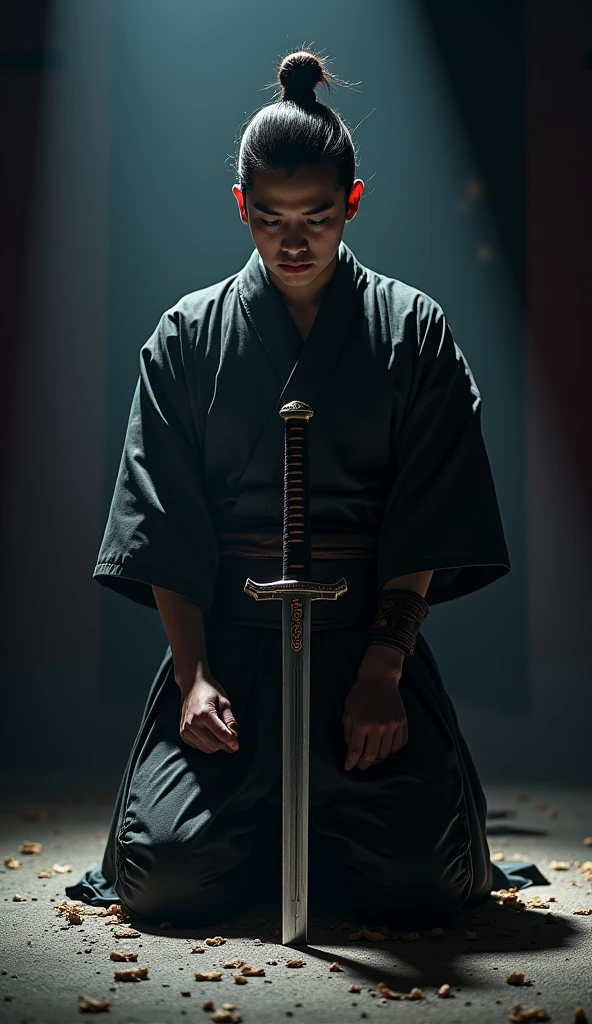 Close-up of a solemn samurai kneeling in a ritualistic position, his short blade (tantÅ) glinting in the dim light, with a sense of tension in the air.