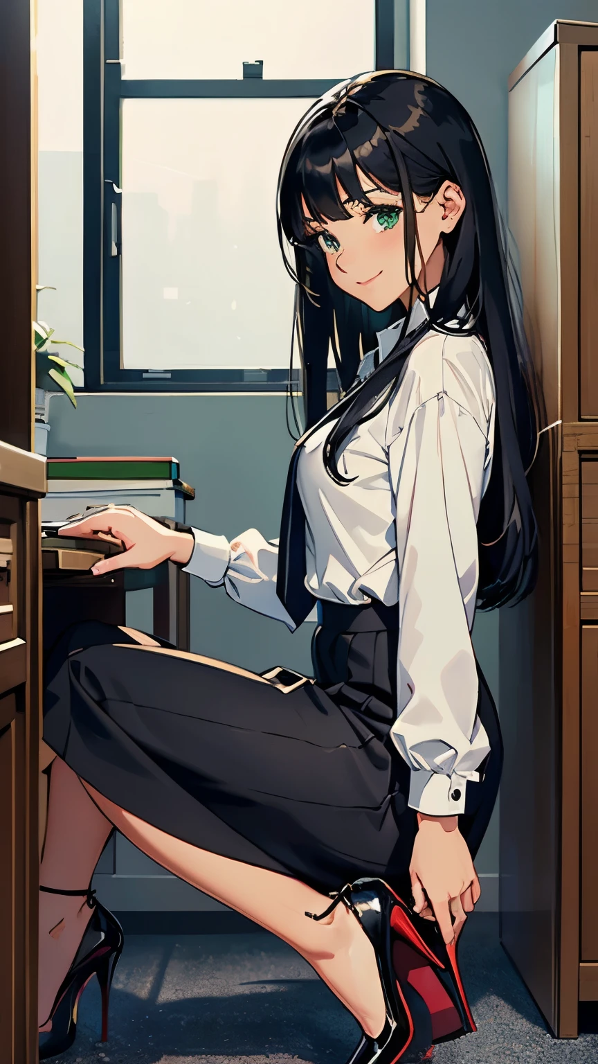 ((masterpiece, high resolution, better quality, better details)), ((Smiling)), ((one girl)) va girl sorting files in a cabinet, full body, wearing a maxi skirt, long skirt, ((long skirt without openings)), paired with a professional blouse, ((Louboutin high heels)), green eyes, ((black hair, long hair)), shiny skin, ((side view)), solo, from the side, full body, focus full body, in an office setting