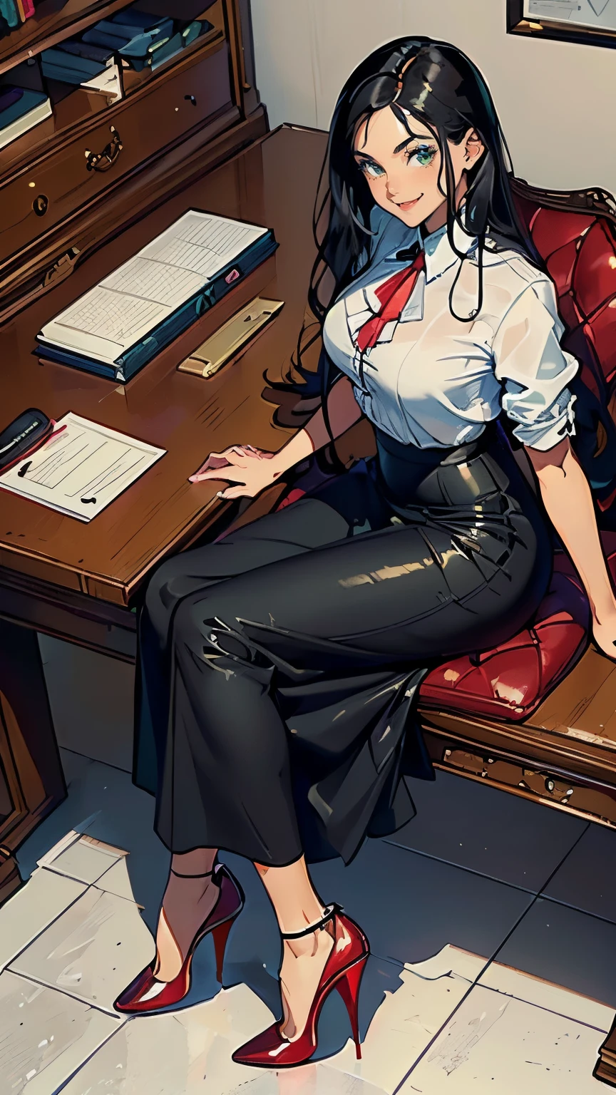 best quality,4k,8k,highres,masterpiece:1.2),ultra-detailed, extremely detailed eyes, extremely detailed body, (large masterpiece digital art), (detailed manga illustration), (detailed line art), ((perfect anatomy)), (intricate details:1.3), (ultra-detailed:1.3), (illustration:1.3), (sharp focus:1.3), (natural lighting:1.05), (vivid colors:1.3), (masterpiece), (best quality:1.4), (perfect anatomy:1.4), high quality, expressive eyes, full body, detailed face, beautiful face, perfect face, 1 girl, large breasts, very long hair, black hair, curly hair, wild hair, detailed hair, white dress shirt, black pants, pale skin, sapphire-blue eyes, demon, blue halo, sheep horns, curled horns, (horizontal pupils), sexy face, pointy ears, splash art, the demon girl, curvy, sitting in an office chair at a desk with feet on desk, black high heels, cinematic lighting, dramatic atmosphere, Atey Ghailan, Jeremy Mann, Greg Manchess, Antonio Moro, trend in ArtStation, trend in CGSociety, Intricate, High Detail, Sharp focus, dramatic and photorealistic painting art by Midjourney and Greg Rutkowski, Jeff Bridges, ((cartoon style)), Marvel Cinematic Universe style, (((darkly lit office in the background))),