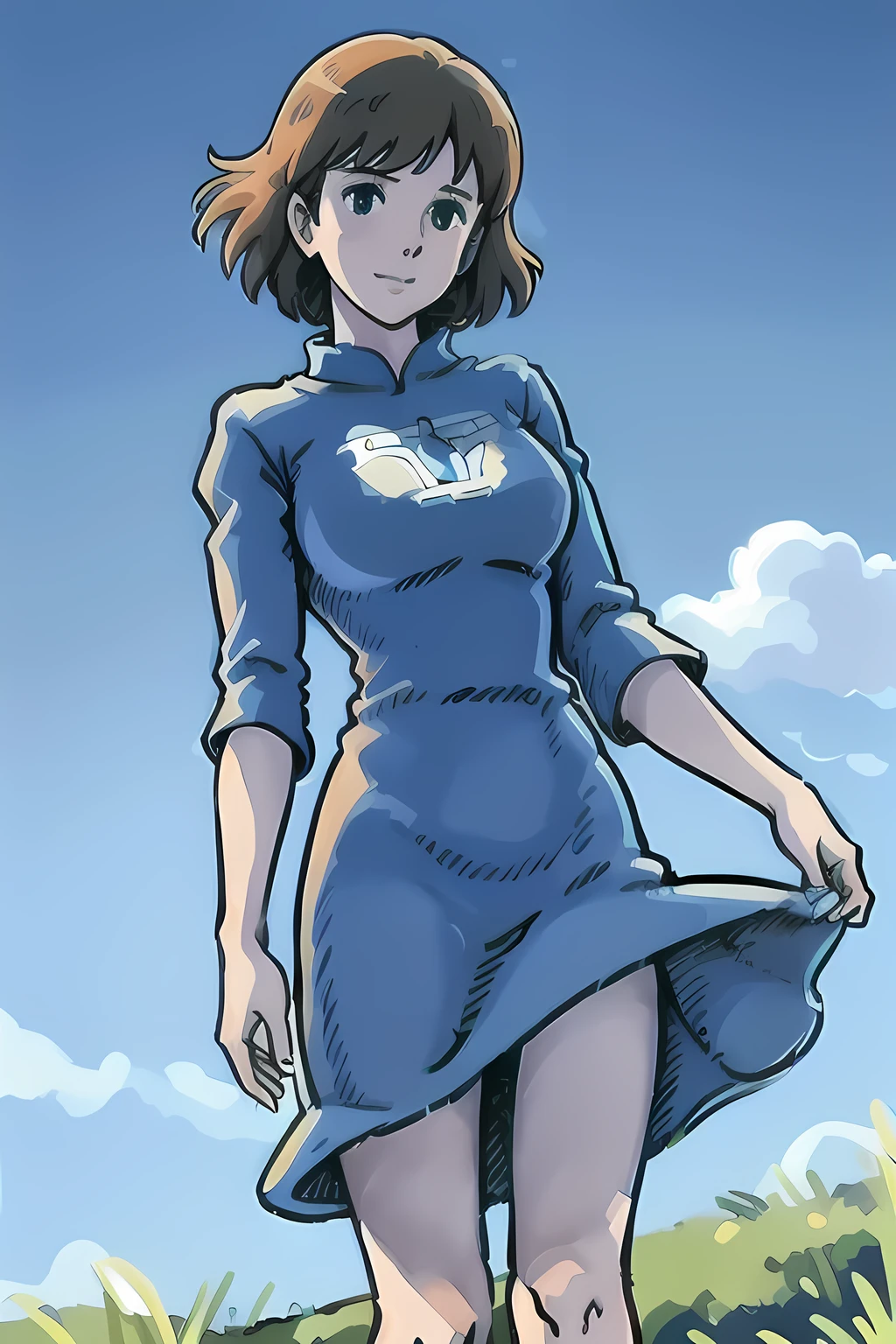 ((best quality, masterpiece, extremely detailed)), 1girl, smile, short hair, blue short dress, large breast, dresses flipped by the wind, standing on a hill, blue sky, clouds, ((shot from below)), NausicaaC