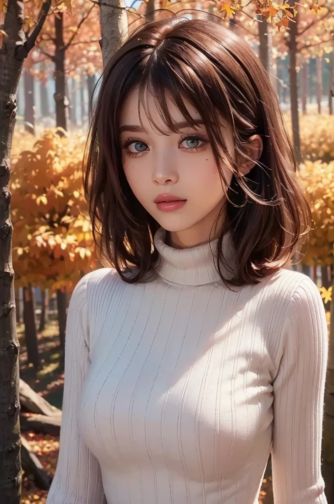 pureerosface_v1:0.3, best quality, photorealistic, 8k, high res, full color, 1girl, woman, 20 years old woman, (closed mouth:1.43), (skindentation), (portrait:0.6), trees, park bench, daylight, ((park background:1.52)), full color, ((necksweater:1.68)), looking at viewer:1.8, (1girl eyes looking at viewer:1.55), (medium-length hair, brownhair, partedbangs:1.45), (bokeh), <lora:AAW-winter:0.65>