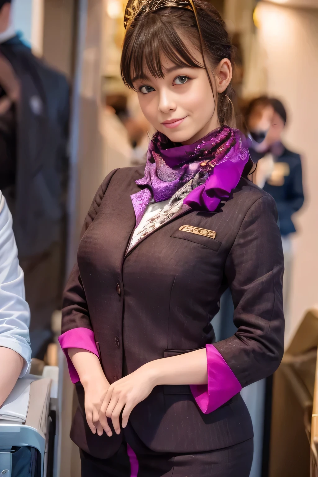 (Masterpiece:1.2、 best quality :1.2)、32kHDR、 high resolution、(alone、 1 Girl、 slim figure)、(Realistic reproduction of Etihad Airways flight attendant uniforms)、 (At the airport counter, Professional lighting )、A proper woman, beautiful faces,、(Etihad Airways flight attendant uniformsの長袖)、(Etihad Airways flight attendant uniforms、Skirt with purple stripes on the front )、( scarf wrapped around neck )、 big breast、( long hair、 hair bang)、 dark brown hair 、Long Hit、(( amazing hands:2.0))、((harmonious body proportions:1.5))、((Normal limbs:2.0))、((Usually refers to:2.0))、(( Delicate Eyes:2.0))、((Normal eyes:2.0)))、 beautiful standing、smile