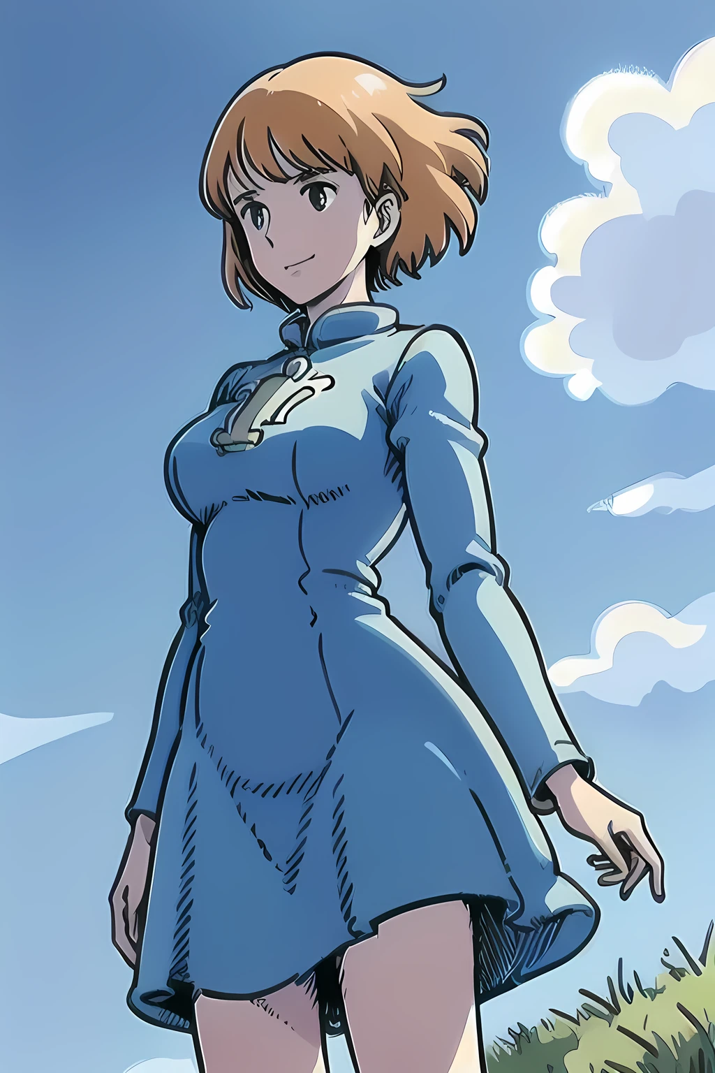 ((best quality, masterpiece, extremely detailed)), 1girl, smile, short hair, very short dress, large breast, dresses flipped by the wind, standing on a hill, blue sky, clouds, ((shot from below)), NausicaaC