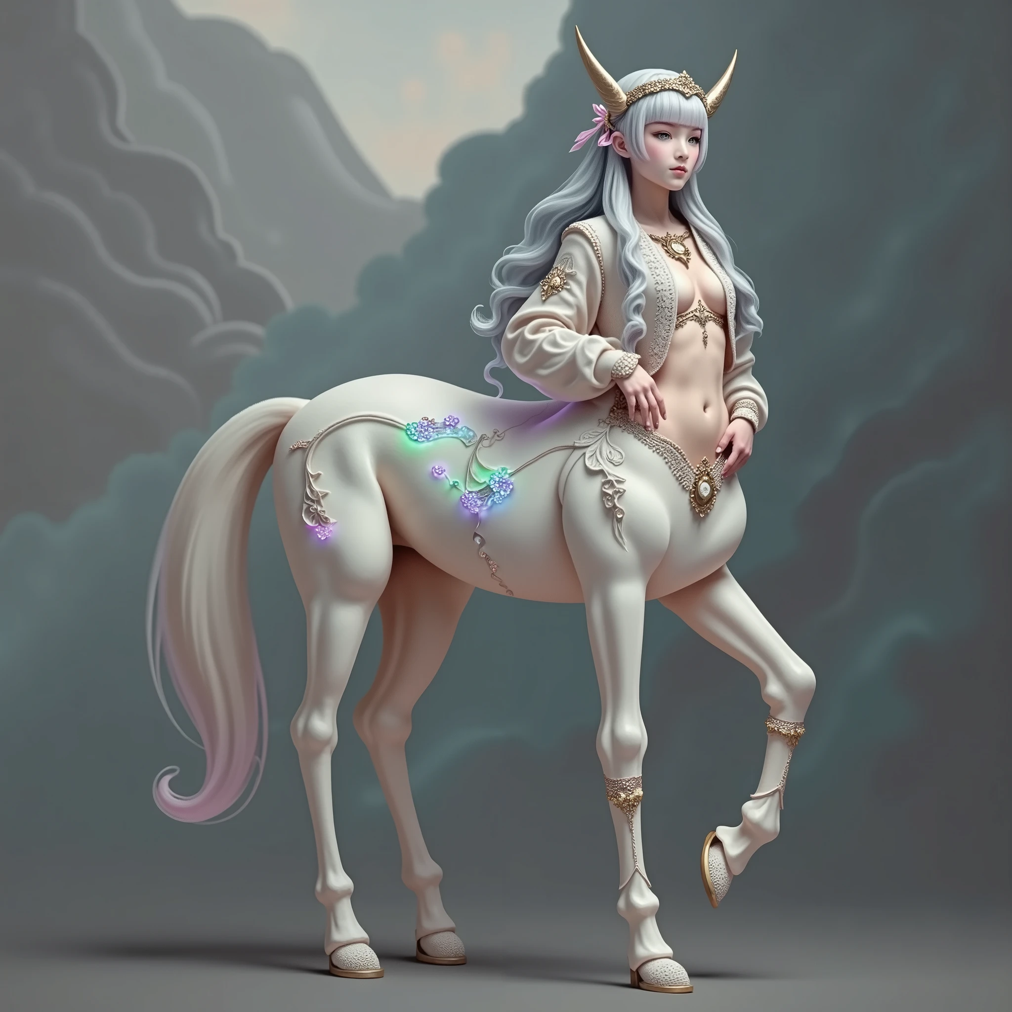  A girl wearing a pink off-shoulder short top，Top is made of neon smoke， Exquisite buttons on the chest ， Transparent pink elastic cuffs ， Underwear is decorated with sequins and flower patterns 、 Pink multi-layer pleated skirt on the head ，  wear white socks ，Socks are decorated with pink bows ， Pink cat ear sequin headband on the head ， Long black and shiny hair hanging on both sides Woman , Standing, In a comfortable interior， Colorful illustrations on the wall ， There is a white cabinet with decorations and stationery in the right environment,  Swivel mirror surround display ， Warm and sweet lighting effect ，Highlighting the girlish feeling , Lotus Girl  ， with soft lines, Natural and elegant like flowing water，  pretty girl，Ink painting atmosphere，Dream，  surrealistic  ，Stream of consciousness， smoke texture ， minimalism ，illusory，Aesthetic ，smear，Brushed，Zen，Extremely refined， Ultra HD
