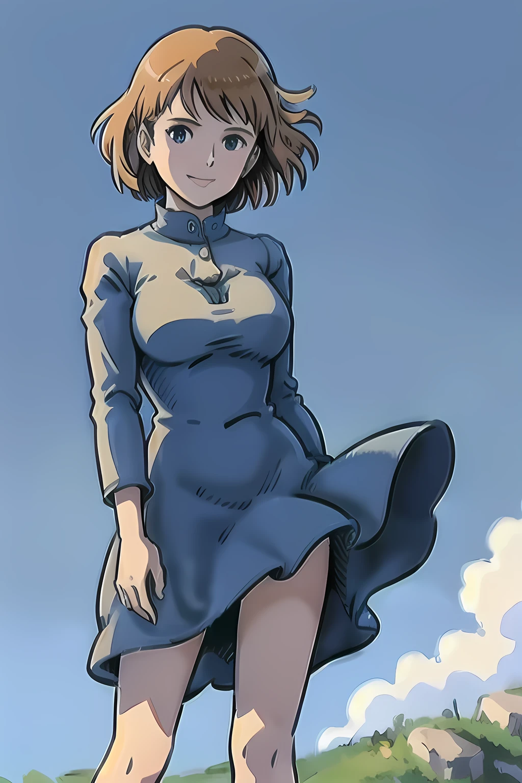 ((best quality, masterpiece, extremely detailed)), 1girl, smile, short hair, very short dress, large breast, dresses flipped by the wind, standing on a hill, blue sky, clouds, NausicaaC