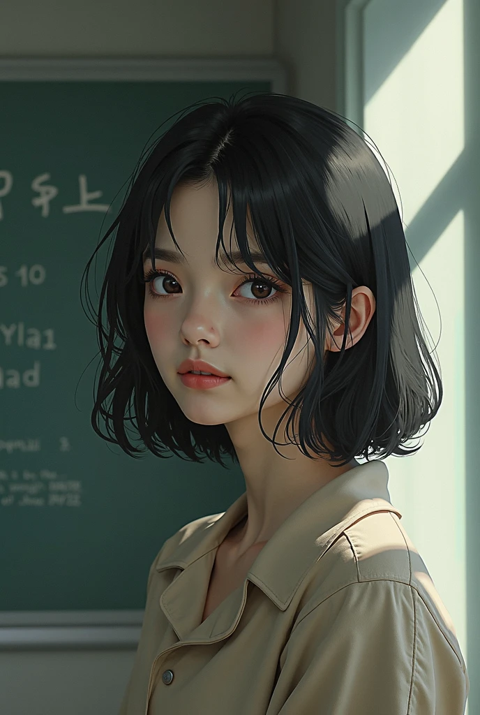 Best quality, masterpiece, ultra high res, (photorealistic:1.4), raw photo, 1girl, off shoulder, cinematic lighting, crawling, school, js, , big eyes