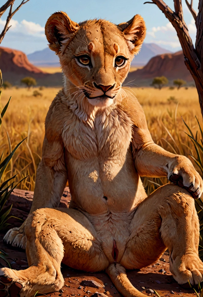 Feral lioness, Nala, high resolution, realistic, Soft, 4K, upscales, high detail, Delicate fur, ((The tail in the right place)), green eyes, bedroom eyes, white sclera, lifted tail, hyper canine pussy, savanna, large eyes, presenting pussy, looking back at viewer, 1 lion tail, black canine pussy, dripping canine pussy, cub, young, smug look, detailed eyes, beautiful eyes, ass up, ass out, hind legs spread