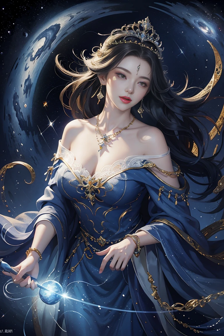((facing front:1.5)),Female fortune teller. Attractive, beautiful and mysterious. She wears a blue cloak and has distinct features. The atmosphere is bright and sparkling, full of anxiety and anticipation. A fortune teller is standing there. The body is facing forward. he is looking at you He holds a crystal ball in his right hand. The lighting in the room is bright, creating a magical atmosphere. Best picture quality, 4k or 8k resolution. The level of detail is very detailed and realistic, close to photorealism. Artistic style should reflect an official aesthetic with bright colors and strong contrasts. The color palette should emphasize the mystical and mystical theme of the work. The fortune teller's cloak is decorated with metal edging with a thickness ratio of 1.5 and intricate designs. The overall atmosphere is magical, like a starry sky. The expression on the fortune teller's face should arouse mystical interest.