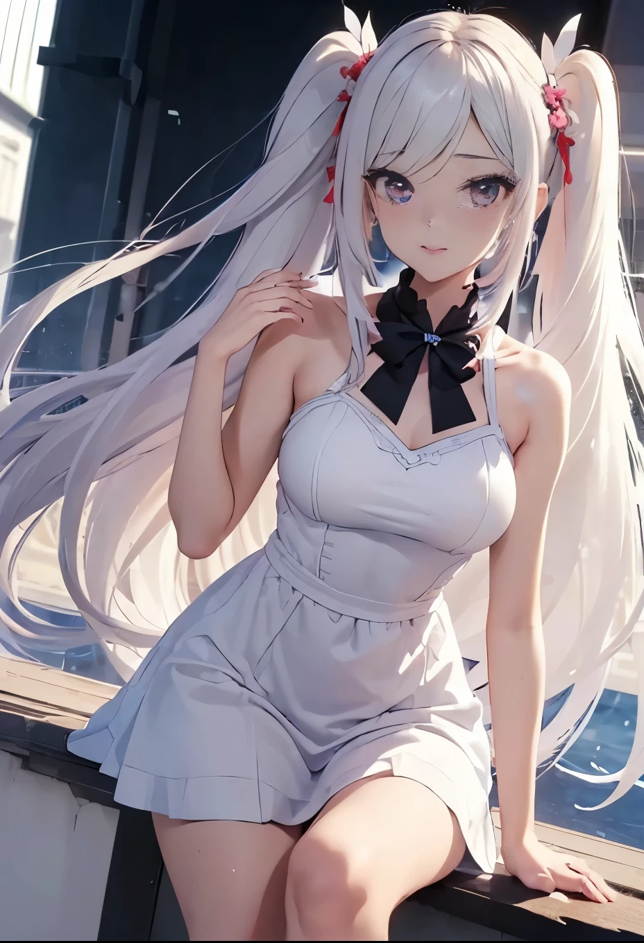 ((Best quality at best, 8k, tmasterpiece: 1.3)), 1个Giant Breast Girl, Slim and beautiful: 1.3, (long white hair: 1.2), Floral dress, legs long: 1.1, The face is super delicate, Fine Eye, double eyelids, seaside.prityface.twintail hear、srim lines.sharp face