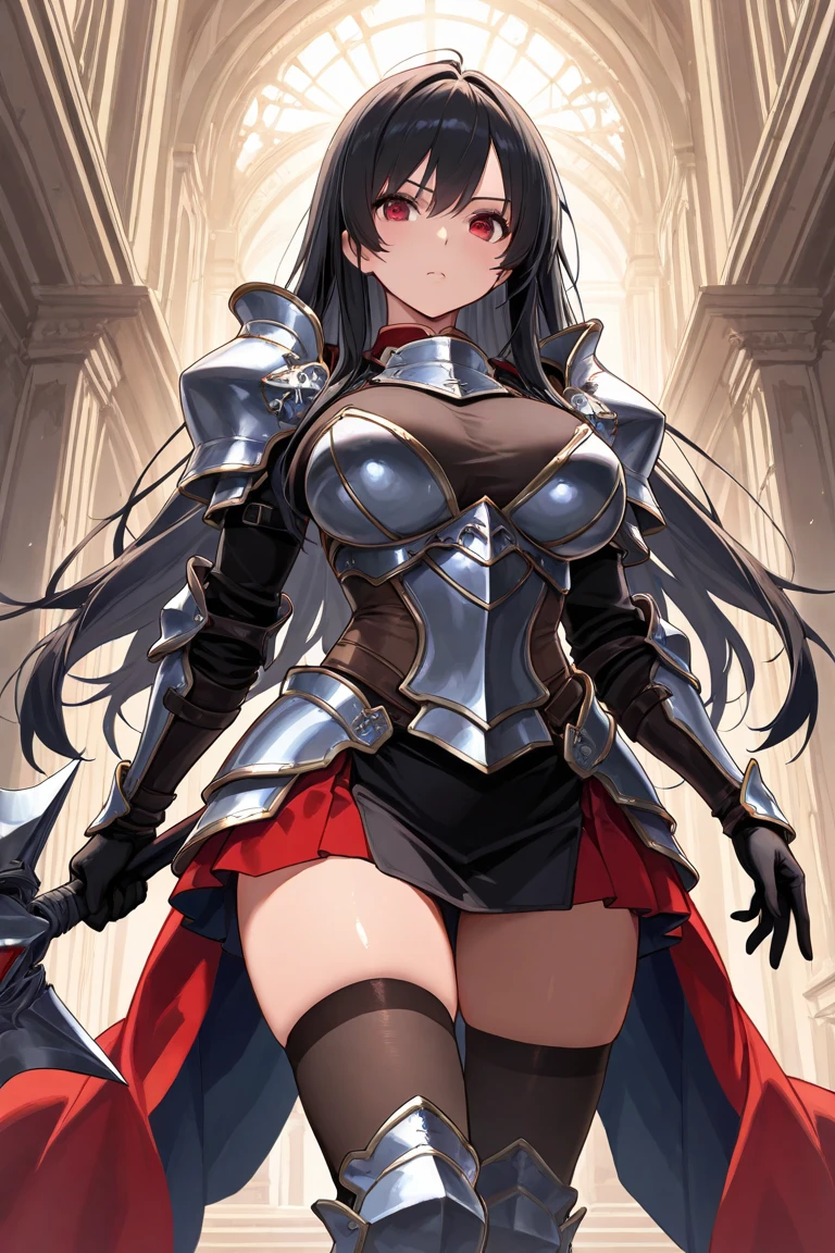 (masterpiece, best quality, detailed), 1girl, solo, looking at viewer, <lora:takaminesan-nvwls-v1:0.9>, takaminesan, red eyes, armor, breastplate, shoulder armor, (chainmail), outdoors, forest, nature, tree, falling leaves, leaf, wind, fighting stance, (fists), cowboy shot, outstreched arm, gloves, boobplate, (armored dress), dress, grass, flower, standing on one leg, serious, parted lips