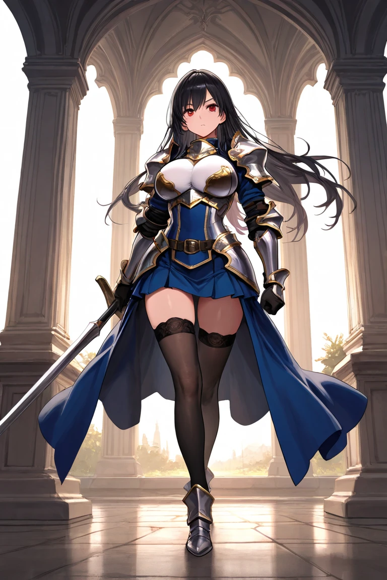 (((From below))),4K, 8K, hight resolution, masutepiece:1.2), Ultra-detailed, (Realistic, Photorealsiticです, Photorealsitic:1.37), Mature Woman, Quiet Woman, notre dame,mothers,Extremely sexy,Inside a luxurious castle,masutepiece, Highest Quality, Ultra-fine,max resolution, Extremely detailed, ((A female knight is standing,valkyrie style armor,thigh-high socks,White panties,a miniskirt)),cleavage of the breast,happily face, Open mouth,Standing,cowboy shot,Seductive thighs,Skirt flipping in strong wind,Shy,equipped with a sword on one side'das boot,