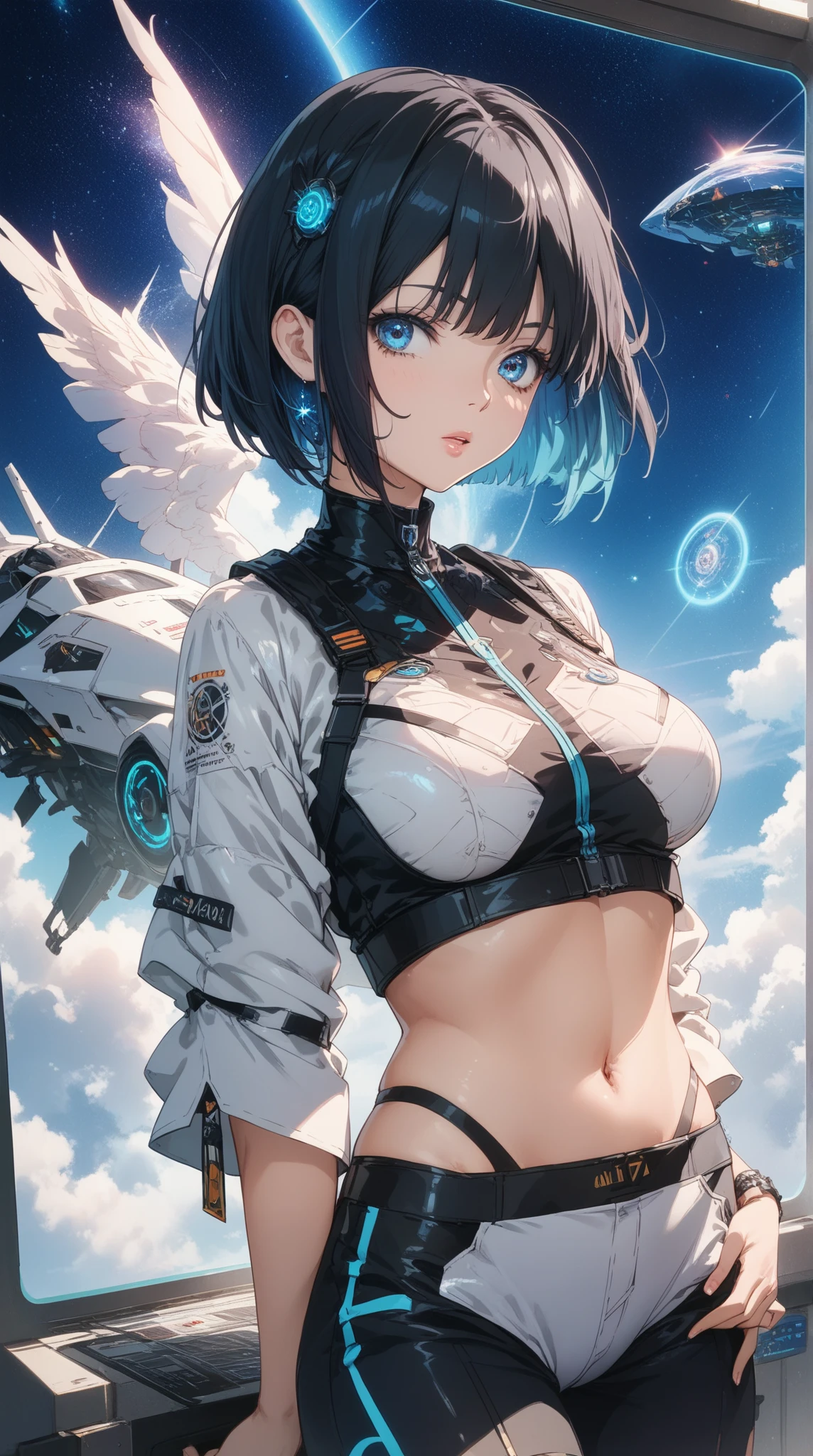 The most beautiful and sexy futuristic cyberpunk girl, black hair, yellow eyes, wearing highly detailed futuristic battle armor, cybernetic angel wings, glowing neon halo, huge gigantic tits, cleavage showing, tons of tattoos and piercings, futuristic graffiti style background, wide camera view, highly detailed background, perfect masterpiece, high quality, high resolution