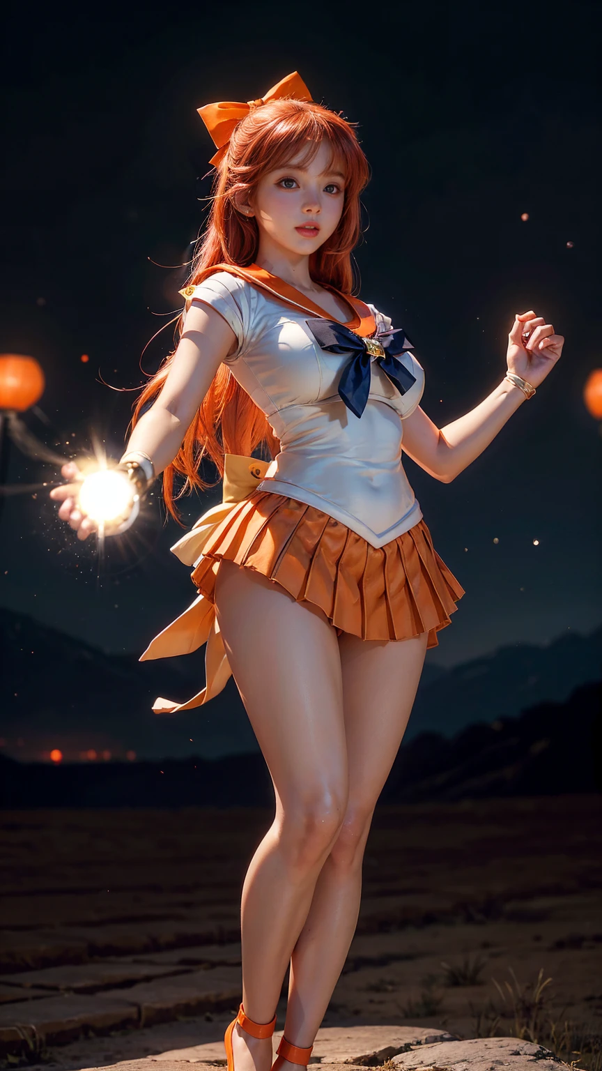 (sailor venus Aino Minako) Best quality, ultra-high resolution, masterpiece, (Realisticity: 1.6), 16K, (1girl with open navel), white stockings, full body shot, life scene