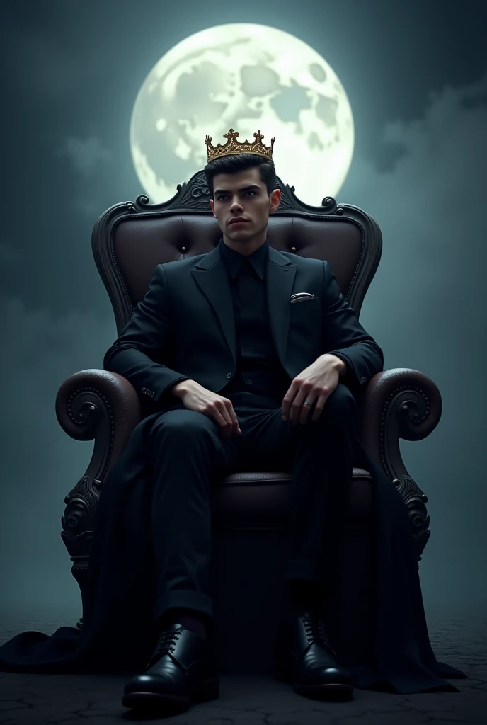 Young cool guy with crown, dressed in black , sitting on a throne set ...