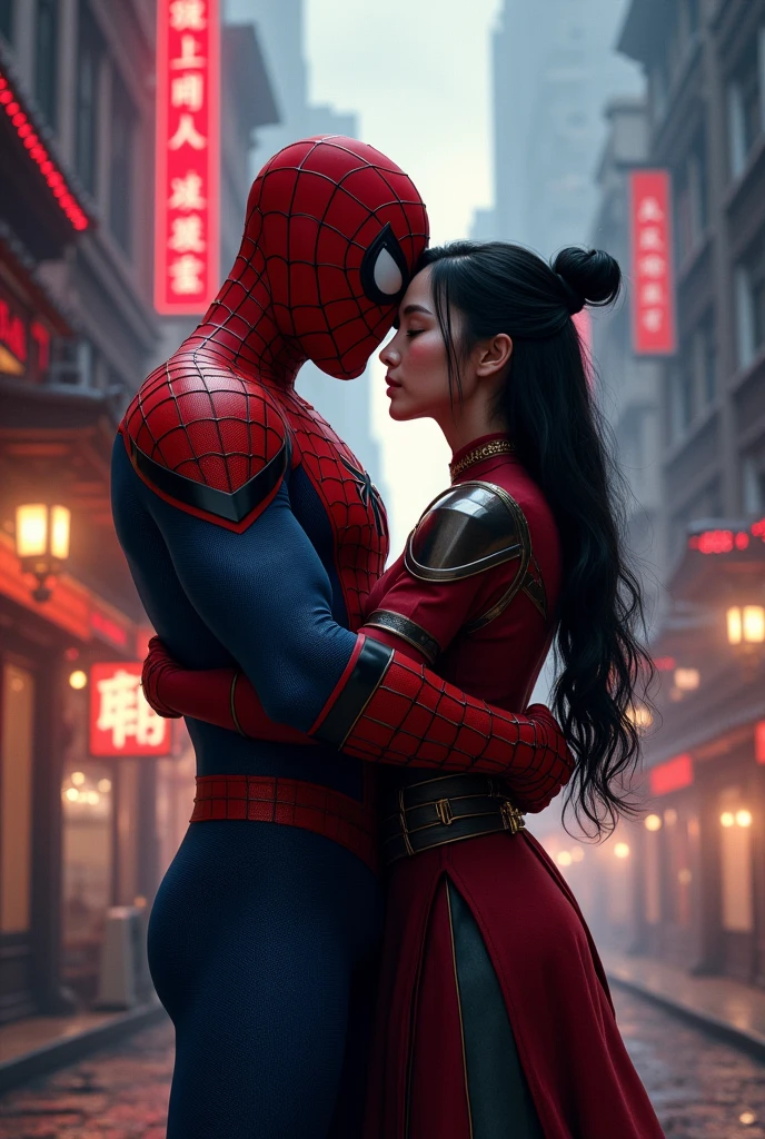 RAW，2people，1girl and 1boy， (A charming 18 year old Chinese girl and boy hugging together: 1.5), (no mask, showing face: 2), handsome, Spider-Man classic pose, shooting spider silk, masterpiece, super fine photo, best quality, super high resolution, photorealistic photo, sunny handsome, full body portrait, delicate face, vibrant eyes, (viewed from the side), she is wearing a futuristic Steel Woman Spider-Man costume, very detailed background, detailed face, detailed complex busy background, highly detailed skin, realistic skin details, visible pores, sharp focus, volumetric fog, 8k  UHD, DSLR, high quality, film grain, photo realism, wheat skin,