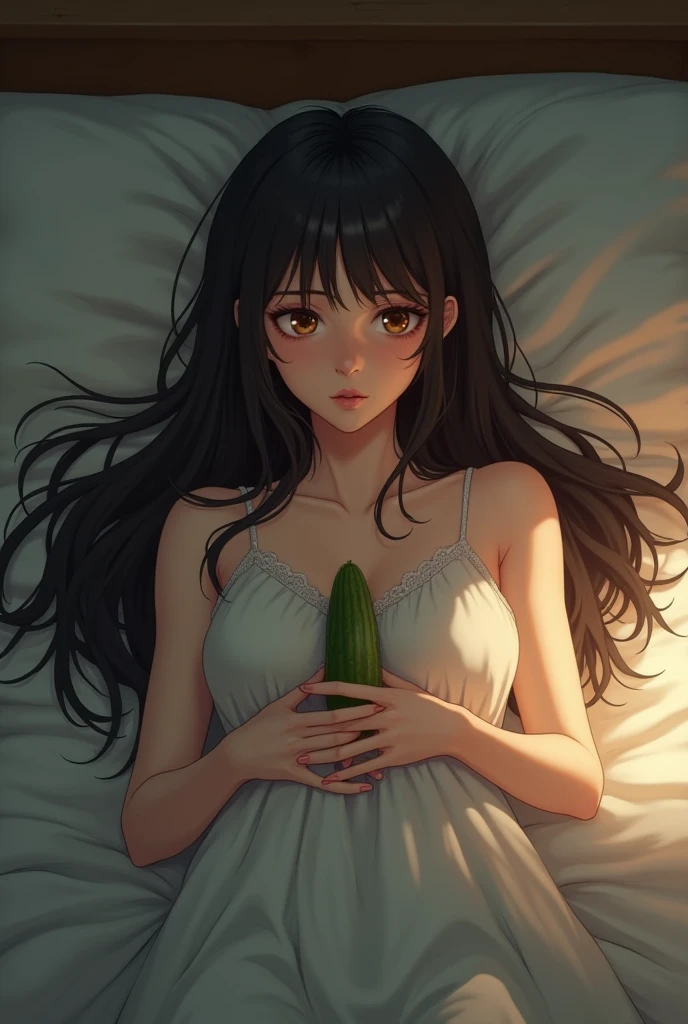 sexy woman with big breasts laying down on her bed, cropped oversized t-shirt with text print "i love cucumber" and with cartoon cucumber print, visible underboobs, cute panties, photorealistic 3d anime illustration