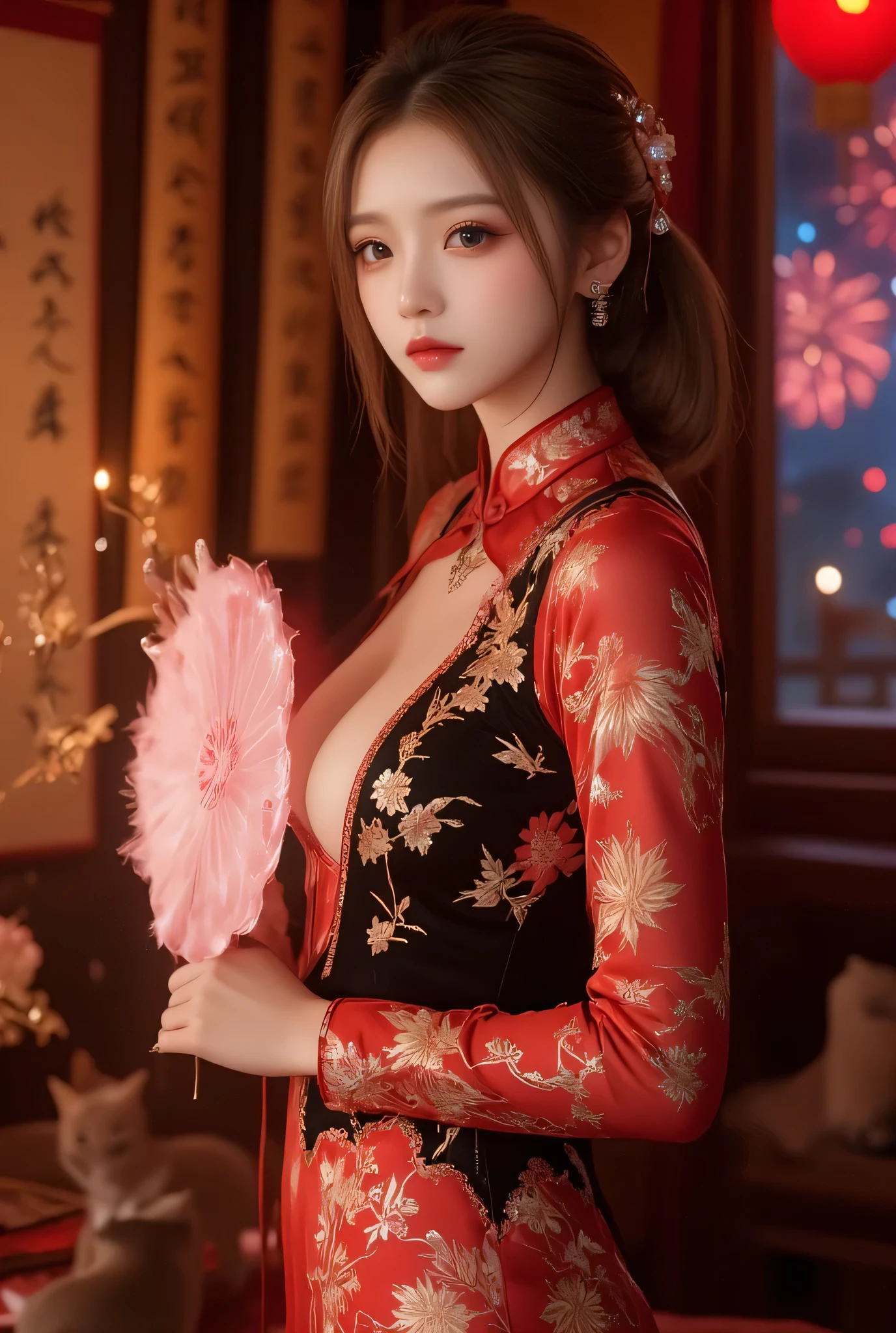 1girl in,bush,fashi-girl,qipao dress,chinese clothes,Hair Flower,(masutepiece:1.4),(Best Quality:1.4),(Shiny skin),Red lips,Looking at Viewer,Big breasts,cleft lip