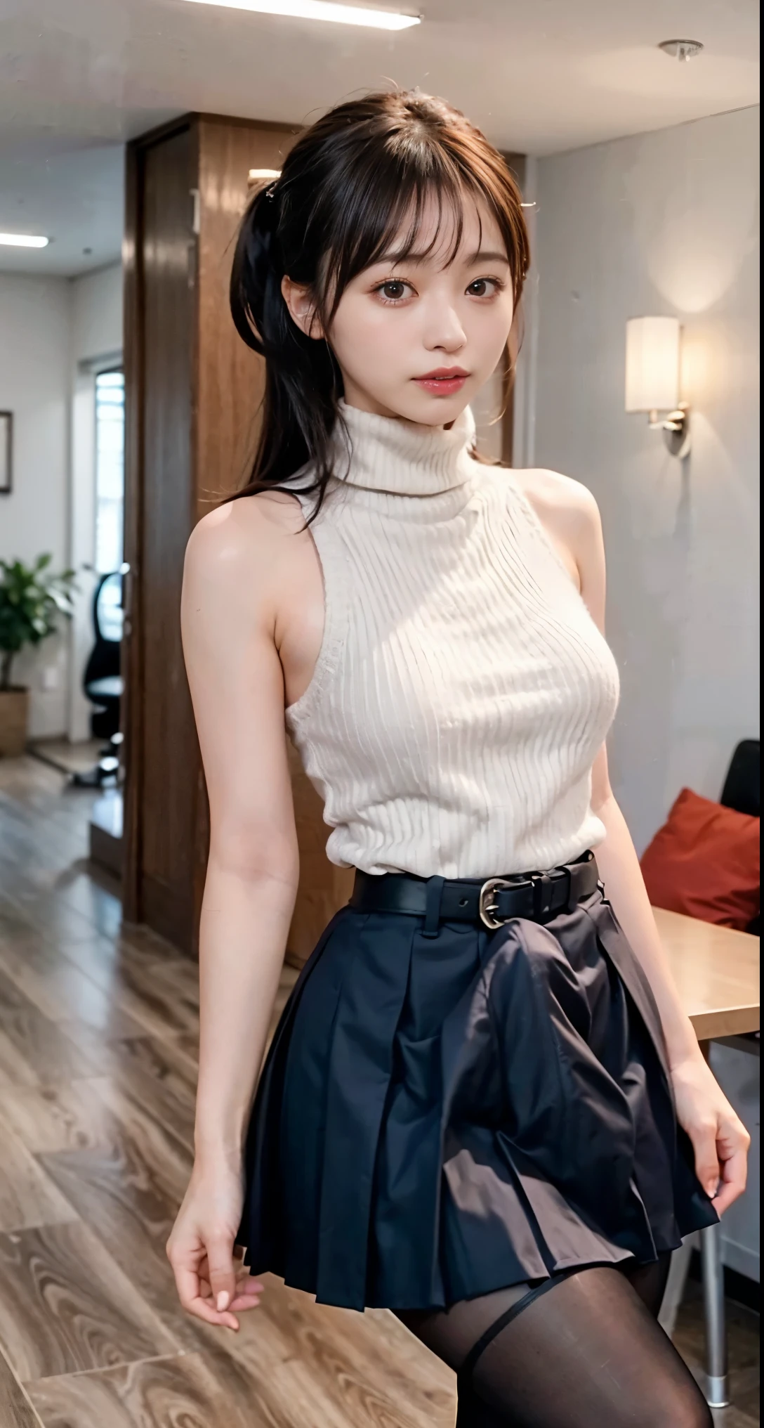 (((Look away,poneyTail、Stand on one leg、Mouth ajar))),(((((Mock Neck Top、Sleeveless、turtle neck、Shoulder bag、sockes、espadrilles、Damaged denim hot pants))))),((at the library、Reading a book))、masutepiece, 1girl in, best qualtiy, Ultra Detail, (shiny), (Small)、(((with blush cheeks,))),Ray tracing,Perfect Lighting, (milky skin:1.2),reflection, up looking_で_viewer, blush, yellow_Eyes, Japan's cutest 28-year-old beautiful girl、Small ribbons in the hair、Contrast Legs