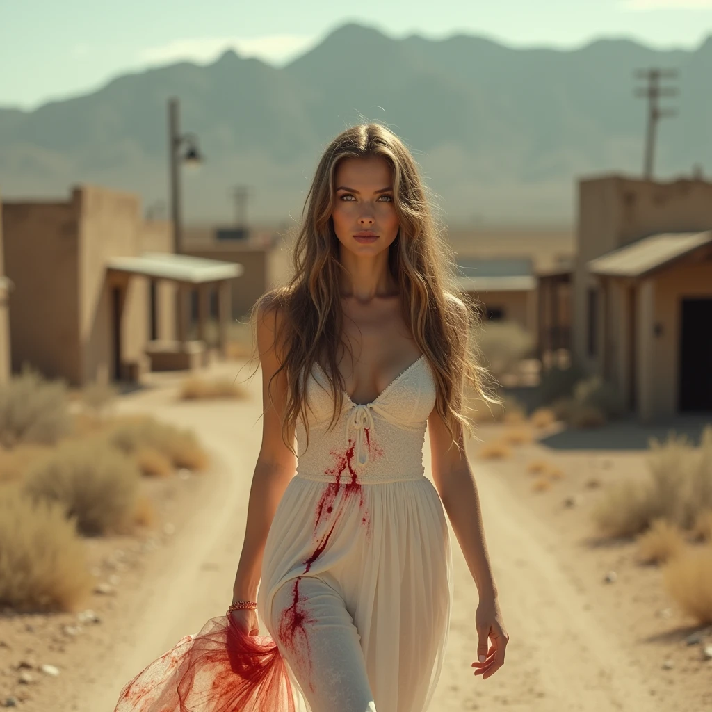 A blonde busty woman in chiffon summer dress handcuffed sits in desert as a terrorist slit her throat with knife from behind, bloody, heavy bleeding. HD, 8k, photography, slaughter, close up, hostage, 