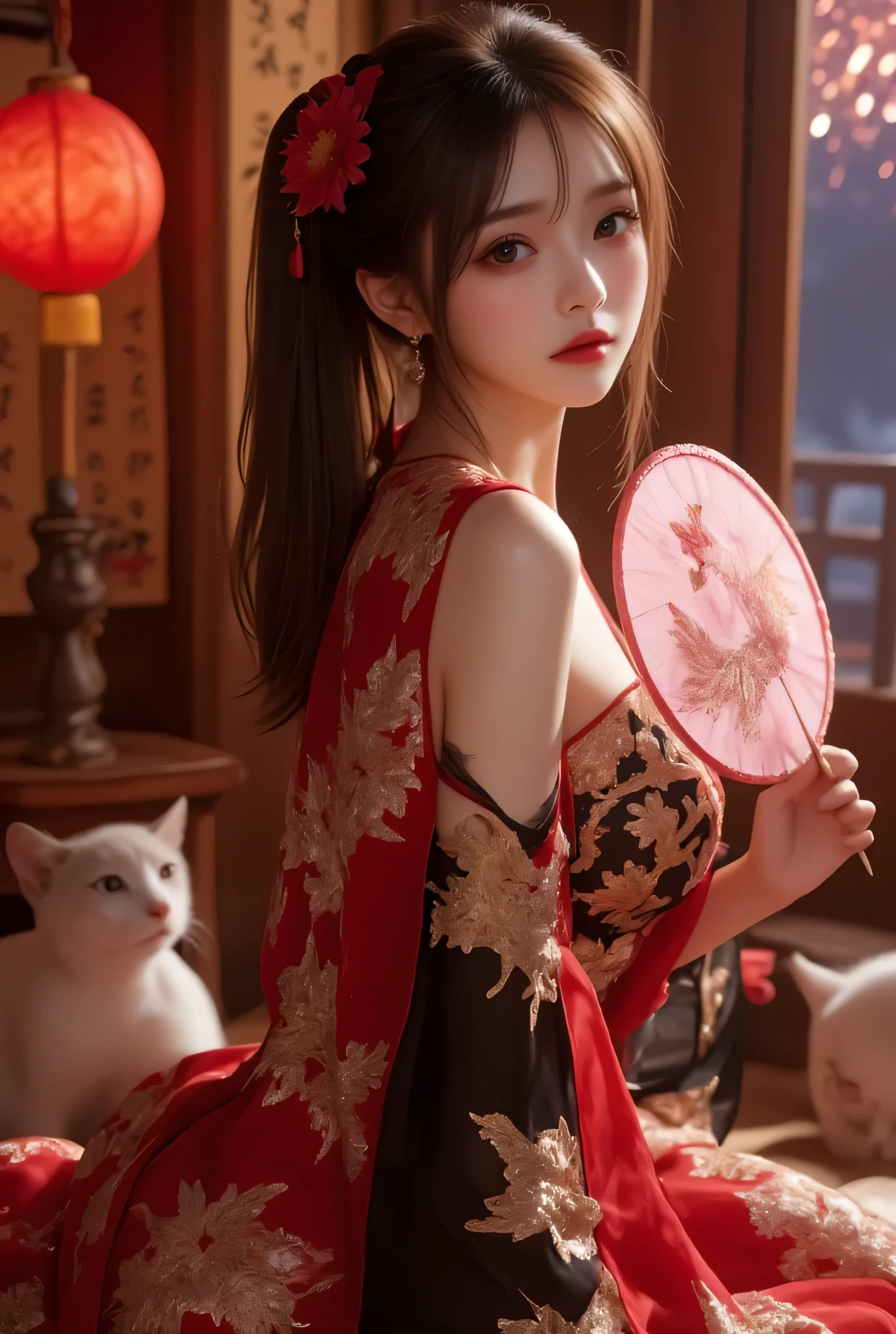 Cat ears、 face up, attractive, pretty girl, ponytail、 (( fine facial features , eroticism)), dramatic lighting , realistic , 8k, Dramatic Shadows , intricate and elaborate patterns , super detailed photo , chiaroscuro lighting , Pleasant colors , deep contrast , super real 、 pink lipstick、 warm room、Vintage Fireplace 、 cinematic composition、Close-up of face, pretty half part transparent open shoulder loose outfits dress, tang style, A beautiful Korean idol wearing a one piece red- black tightly cheongsam with phoenix and intricate floral golden embroidery, golden and silver outline on dress, hand hold pink feathers paper fan with golden ink drawing, standing gracefully in a room filled with traditional Chinese New Year decorations. The room features vibrant red lanterns, decorative calligraphy scrolls, a small Chinese orange tree with golden ornaments, and several red envelopes scattered across the floor and hanging from the tree. Adorable, playful cats are part of the scene—some sitting near the tree, others curiously pawing at the red envelopes or lounging around. Through a window or an open door in the background, vibrant Chinese fireworks light up the night sky in an array of reds, golds, and blues, casting a magical glow into the room. The idol’s outfit is paired with subtle accessories like red hairpins or earrings, complementing the festive look. The atmosphere is warm and lively, filled with the joyful essence of the celebration, enhanced by the shimmering lights of the fireworks and the lively decor.