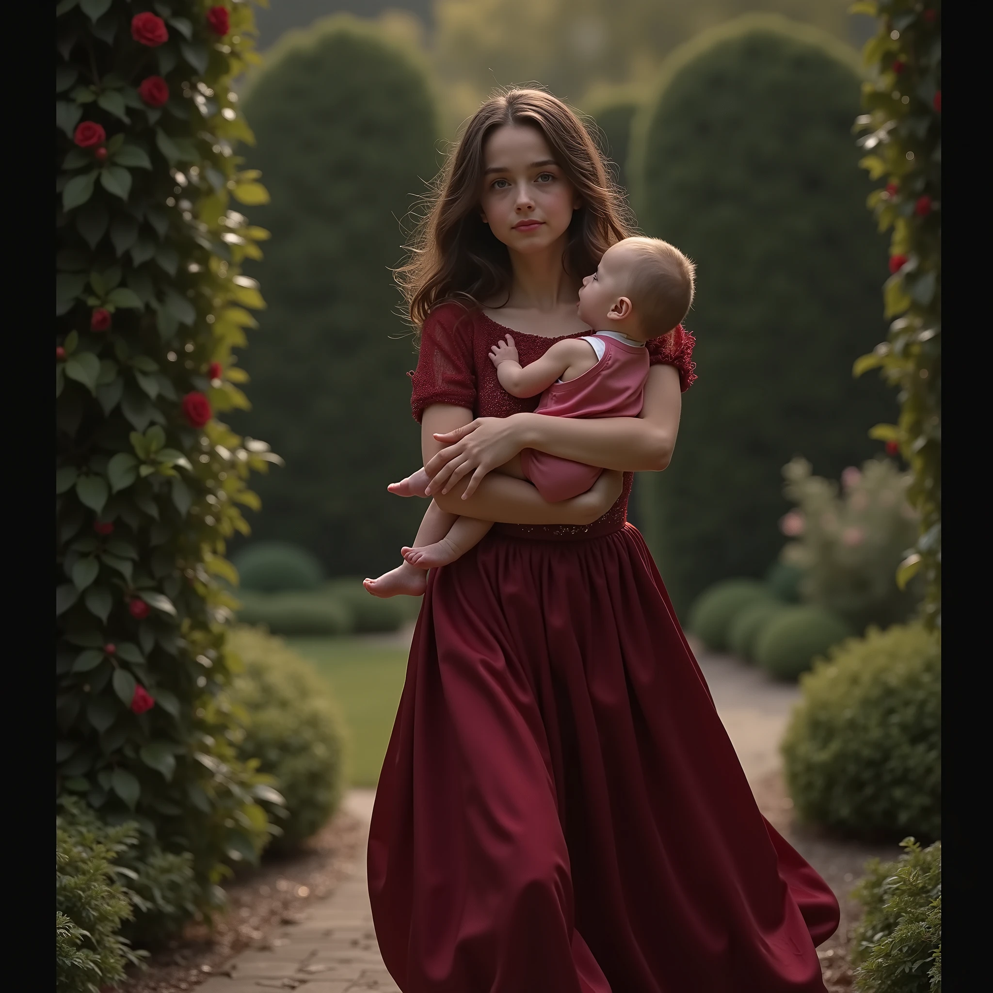 girl with brown hair , light skin, Honey-colored eyes wearing a very dark red satin dress walking through a palace garden at night with a baby in arms