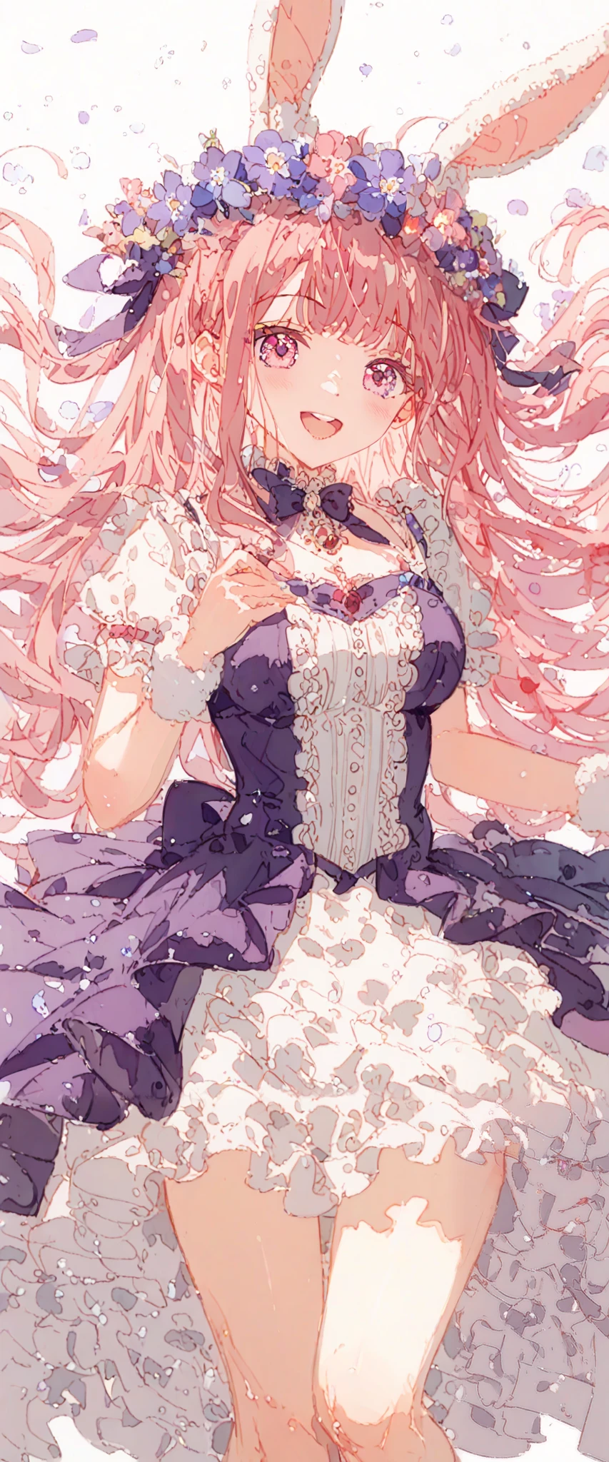 1 girl 、(PastelColors:1.3)、(Cute illustration:1.3)、(watercolor paiting:1.1)、highest quality, masterpiece, Surreal, High resolution, very detailed, 8k, (one girl:1.3), cute, anime, clear white skin,Yumekawa、fancy、pastel、Pink and light blue, cross-shaped pupils,Rabbit ears:1.0、 offer strawberries、Physical education、 (PastelColors:1.3)、(Cute illustration:1.3)、(watercolor paiting:1.3)、2girls:1.3、Detailed background、Smile with open mouth、close your eyes and laugh、Beautifully detailed、My、colourfull、marble、Particles of light、patterns、Double Layer Dress、Detailed drawing、Vibrant colors、striking contrast、intricate detailes、Delicate depiction、Luminescent、 Esbian、Beautiful facial features、Brightly colored eyes、Wearing intricate and delicate ornaments、glowing aura、Radiant hair,Morning light、White and red motifs、Red ribbons、Strawberry wreath background、,Thick wool gown:0.8、sweet、Cute as a dream、 ta、laugh, happy smiley、 have a smiling smile 、holding bunch of flowers、reacing outflowers、The entire background is pale purple、Purple Fantasy,reacing outflowers