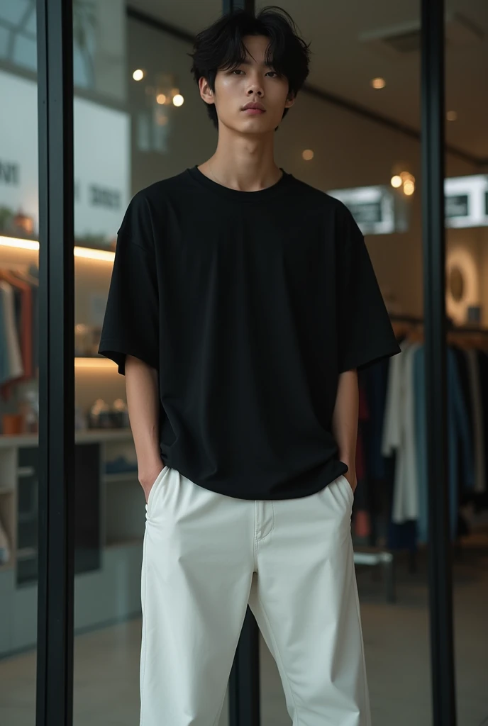 One girl, wearing short sleeve blouse, wide pants, wide pants, short hair, 20-year-old Japanese, beautiful, cute face, pretty face, neat, smiling, 8-head body, height 165cm, weight 48kg, bust 83cm, waist 60cm, hips 82cm, Small breathts, Living in Hiroshima City, A college student aspiring to become a model, (((full body))), full face
