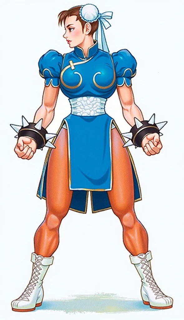 (hand painted, illustration), 1girl, solo, (((chun-li))), (Good Anatomy), chinese clothes, pantyhose, ((muscular legs, big thighs, huge legs, fat thighs, fat legs, )) ((((thin arms, feminine arms, petite arms)))), china dress, dress, bun cover, pelvic curtain, double bun, hair bun, sash, (spiked bracelet, jewelry, spikes), brown hair, bracelet, boots, brown eyes, ((kicking, )), earrings, short hair, detailed face, <lora:shinkiro:1.3>, <lora:Elixir:1> , (((Hong Kong Movie poster style, chinese text characters, big letters, title, words))),