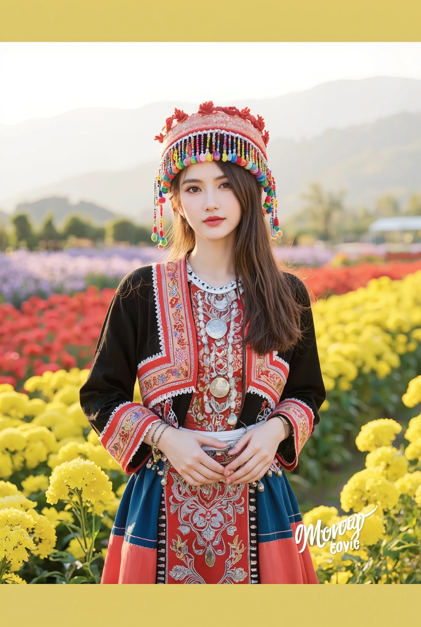 A woman in a colorful dress standing in a field of flowers - SeaArt AI